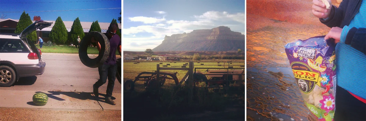 Frontier Fellow Dylan Adams unloading supplies for the Seed Spittin’ contest. Hay bales and Book Cliffs looking especially picturesque. Snackin’ at Crystal Geyser.