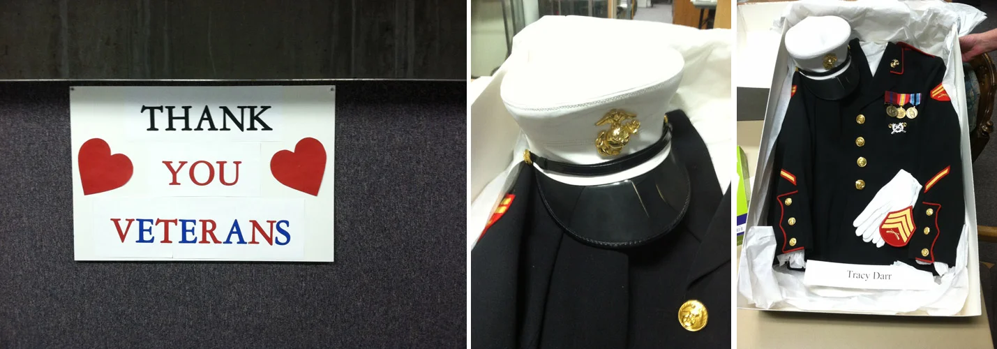 Selections from the Green River History Museum Veterans Archives, featuring the dress blues of Epicenter board member and U.S. Marine, Tracy Siaperas (formerly Tracy Darr).