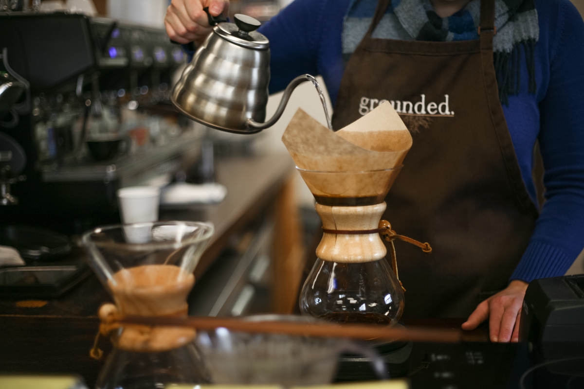 Manual brew of a Chemex pour-over coffee