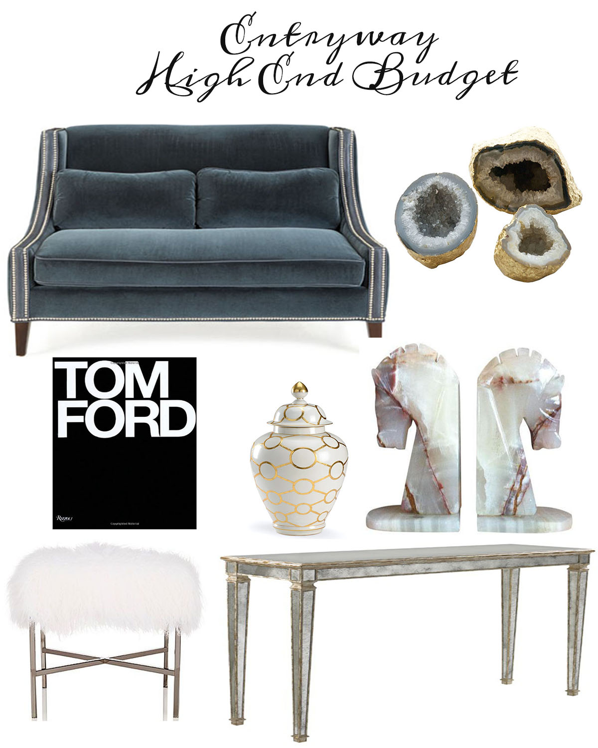 High End Look: Console // Tibetan Lamb Stool/ / horse bookends/ / Jar // Book // Gems // Settee