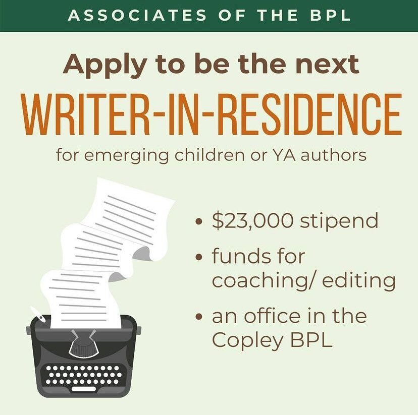 ICYMI: Emerging kids or YA authors: Hopefully this is already on your radar, but if not, you should apply to the Associates of the BPL&rsquo;s (@associatesbpl) Writer-in-Residence Program (a friend did the program years ago, which is why I&rsquo;m te