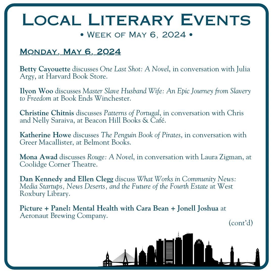 📚 Good morning, Boston! 👋 Here are your local readings and literary events for the week of May 6, 2024. (We search the web so you don&rsquo;t have to.✌️)
.
Full calendar as well as links to the events are in the link in our bio, or at www.literaryb
