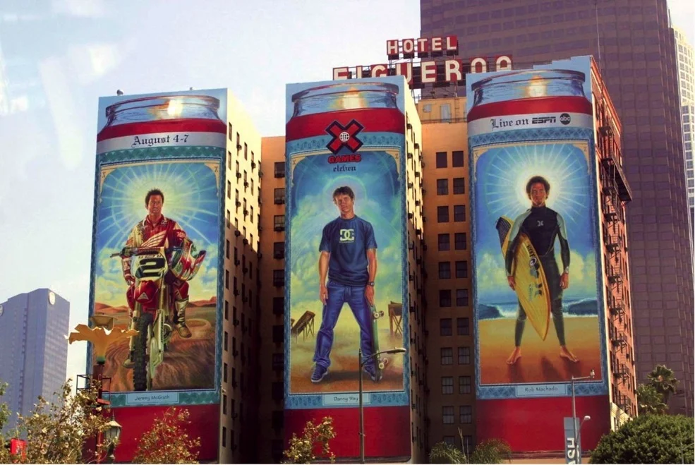  This wall mural was created on the famous Figueroa Hotel and loomed large over the X Games ramps and events taking place in the parking lot below. 