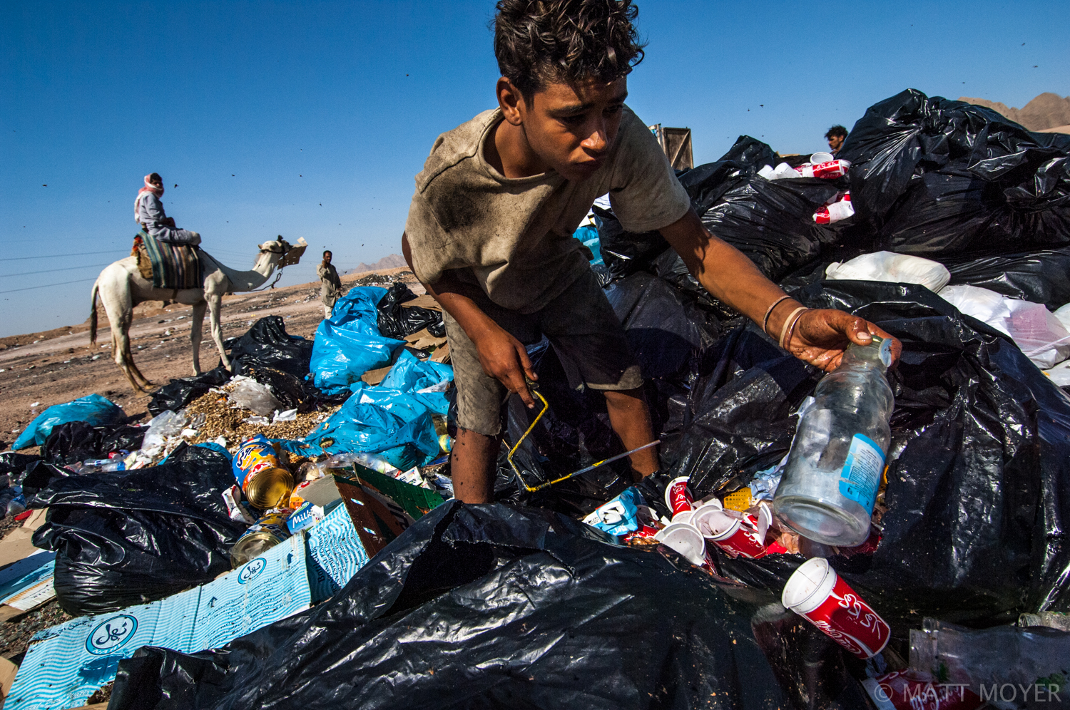  A boy picks through garbage at a dump outside Nama Bay, Egypt as a bedouin allows his camel to eat some of the trash. Much of the refuse comes from tourist resorts located a short distance away. 