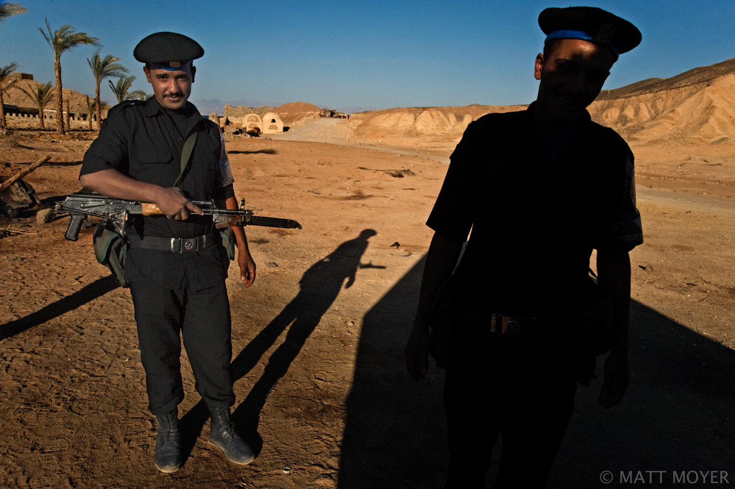  Egyptian police stand in front of Ras Shitan camp near Nuweiba, Egypt in the Sinai.  Ras Shitan was attacked by a suicide bomber in 2004 and is frequented by Israelis and Egyptians alike. 