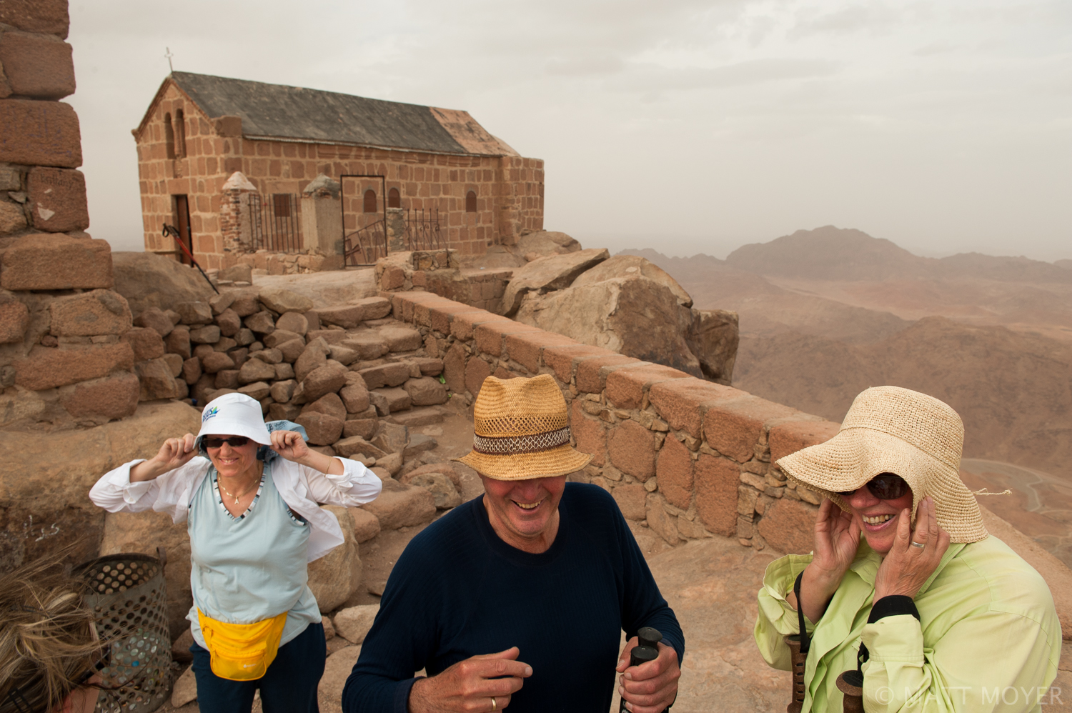  Tourists battle the wind atop the biblical Mount Sinai in Egypt. 