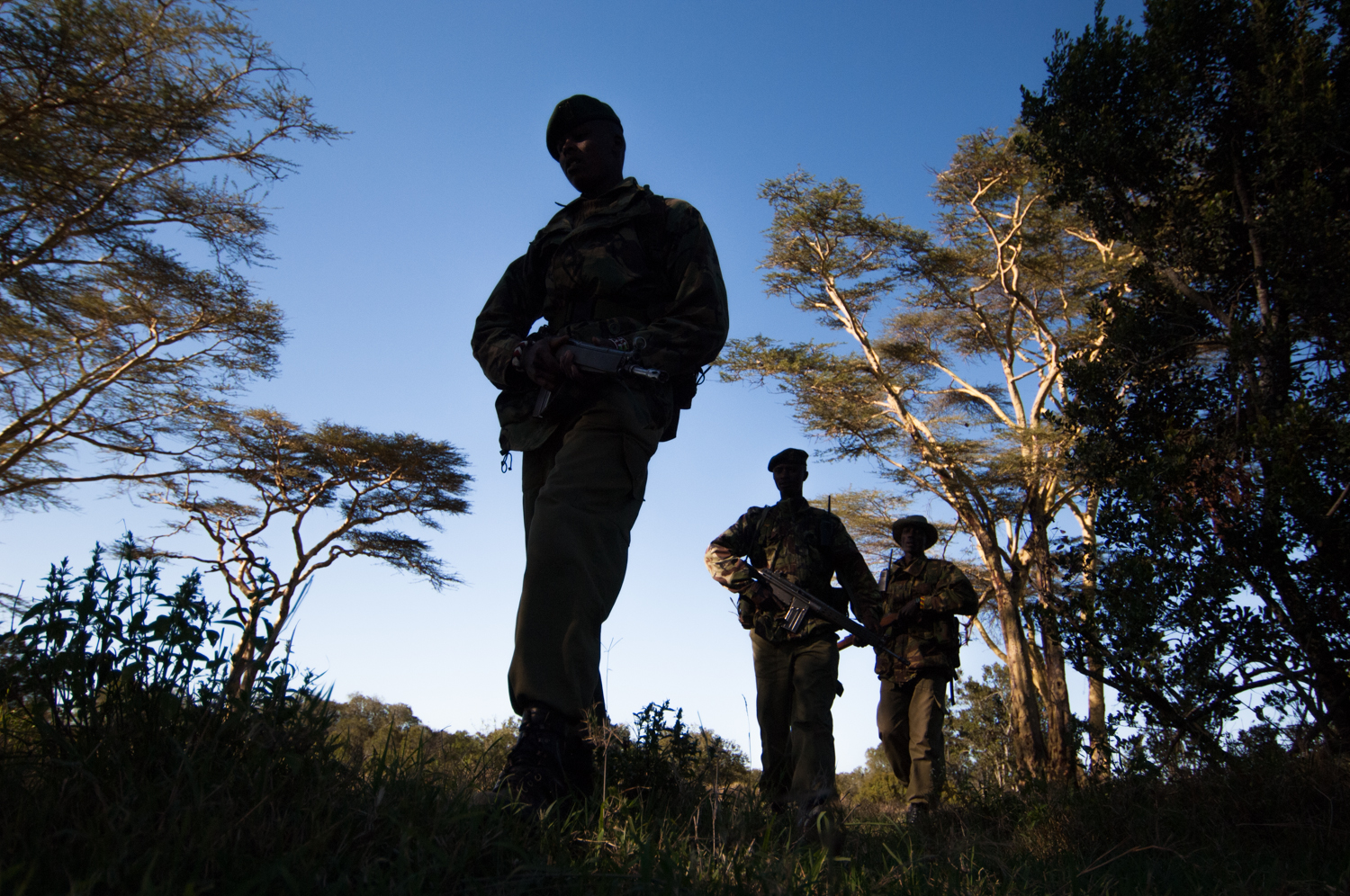  Members of an anti-poaching unit patrol a neighboring sanctuary wildlife park in Lewa Downs, Kenya. 