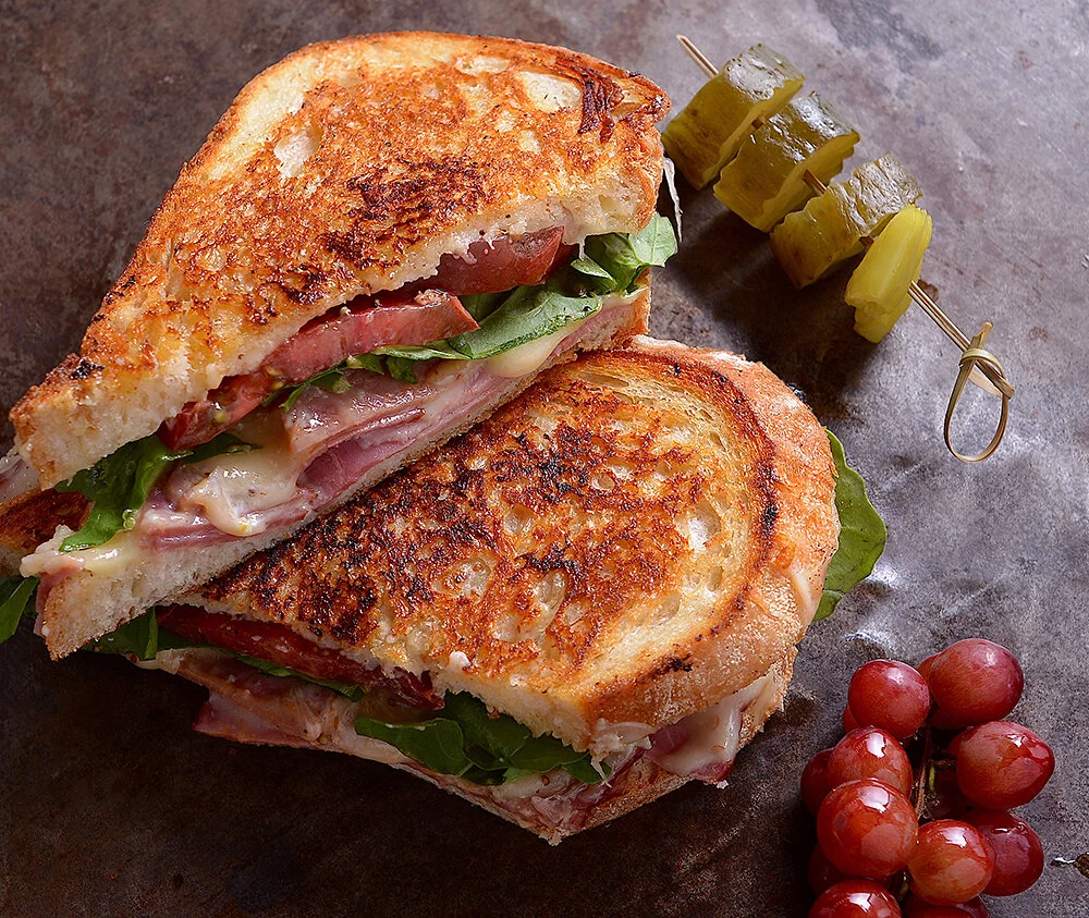 Ham On Ciabatta With Caramelized Mushrooms And Sweet Pea Shoots