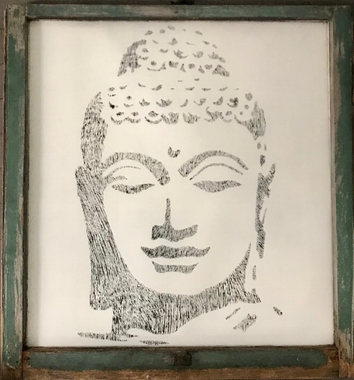 Lady Buddha, Salvaged antique window, 32"x34"