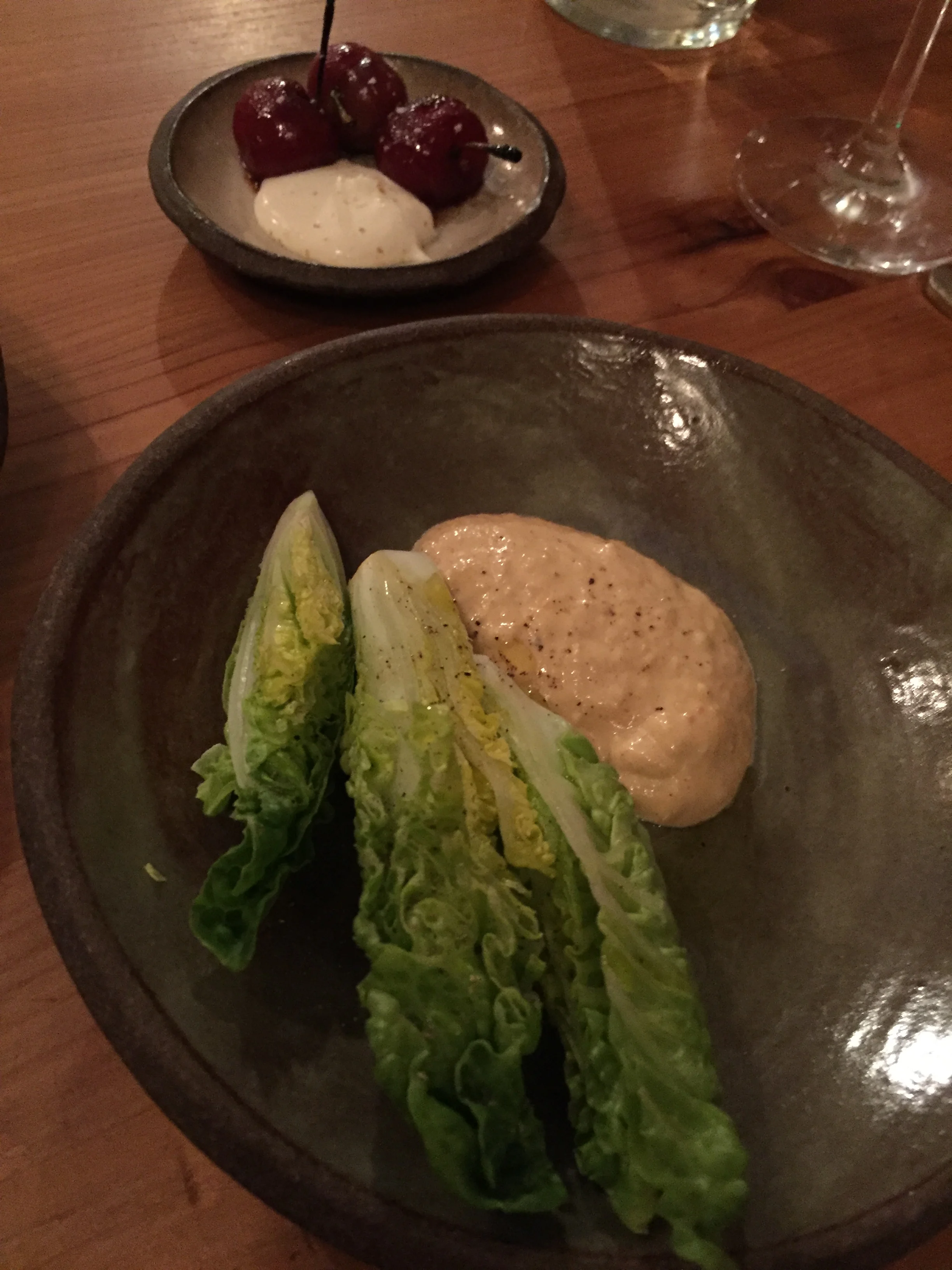 Roasted Brooks Cherries with Almond Cream; Lettuce Hearts with Kasu Caesar. 