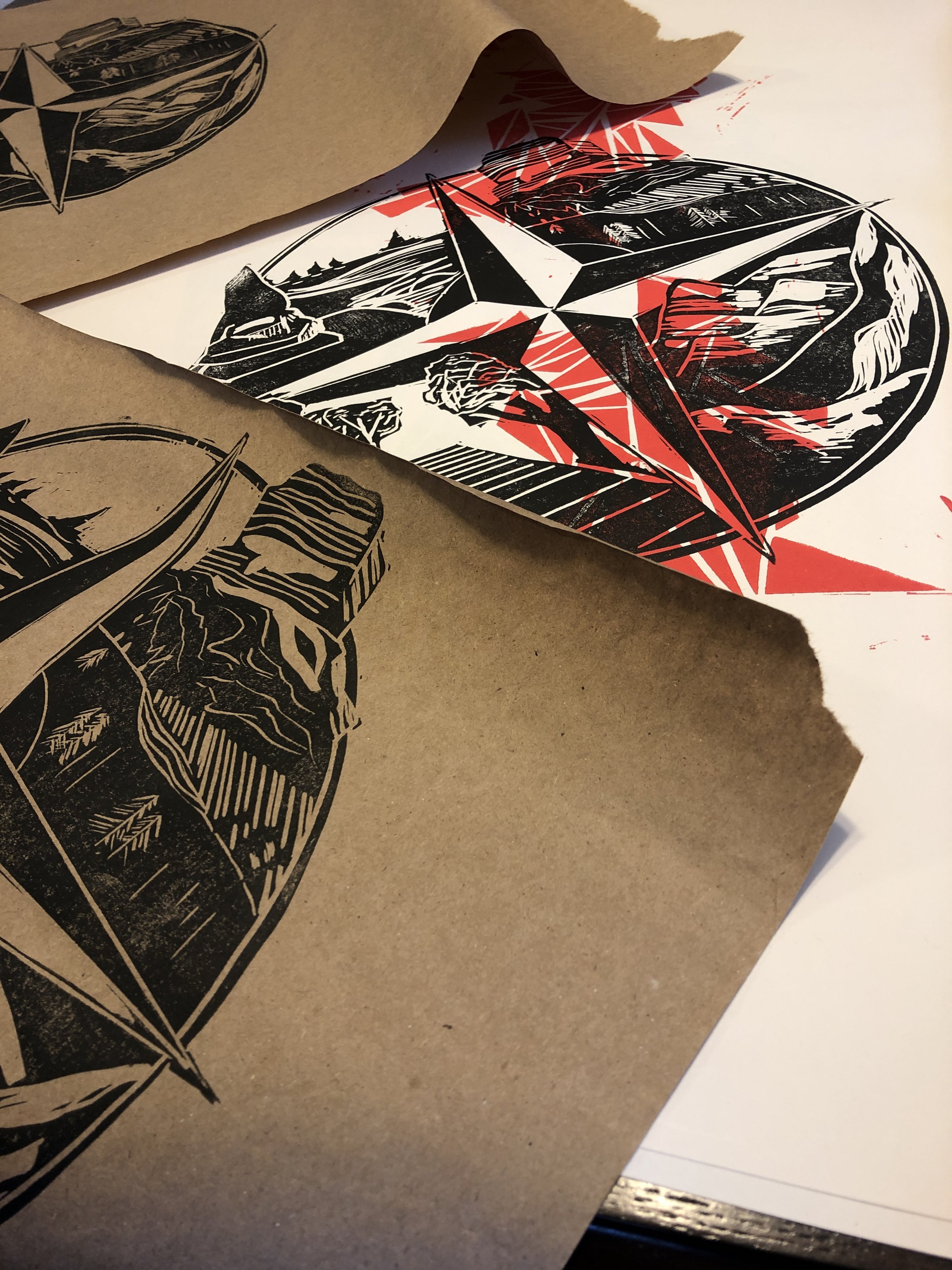 Linocut: SIBLING COMPASS