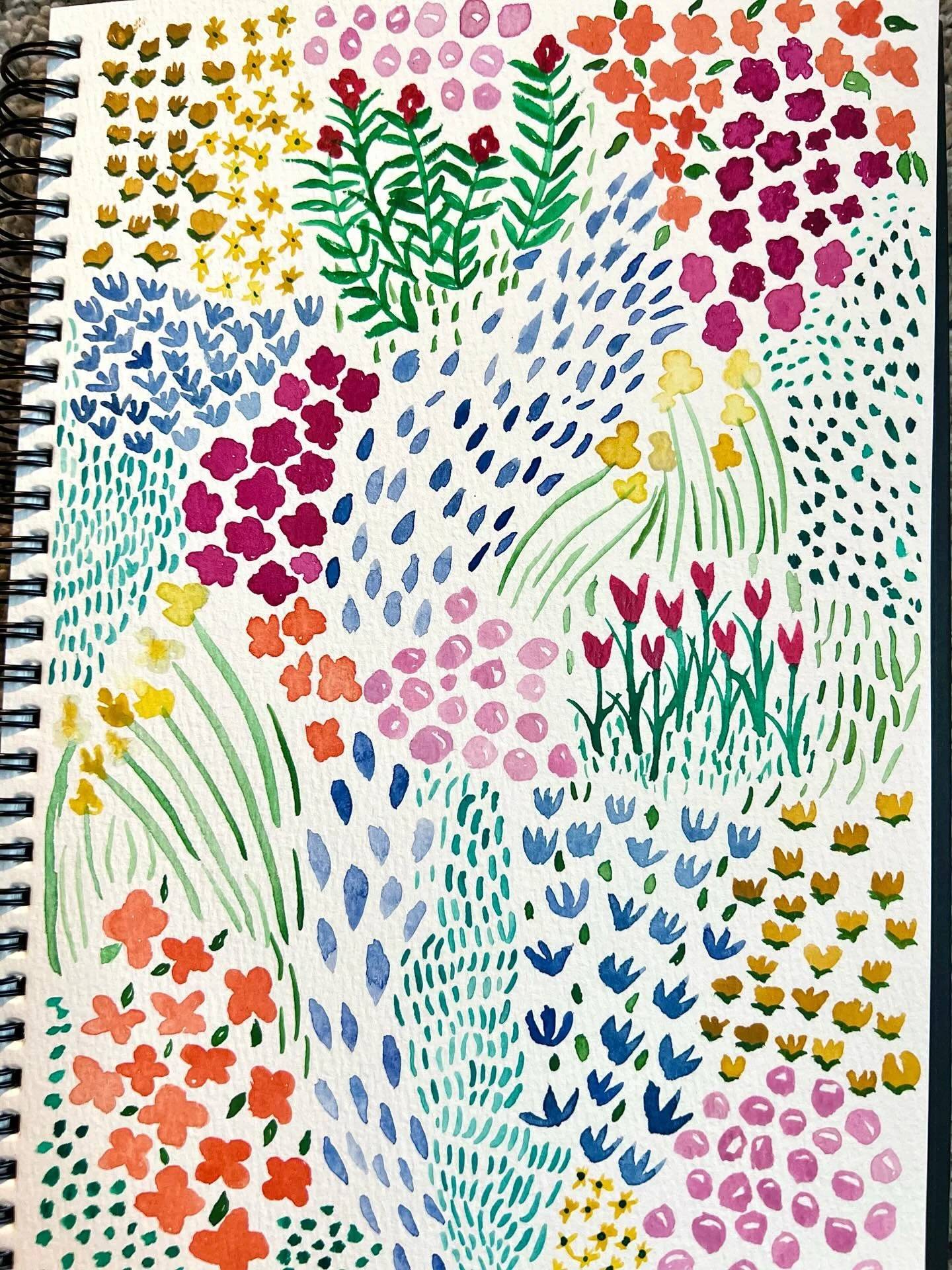 More watercolor practice.  I&rsquo;m love this riot of colors and movement.  #watercolours #watercolor #watercolorpractice #flowerfield #paintedmeadow
