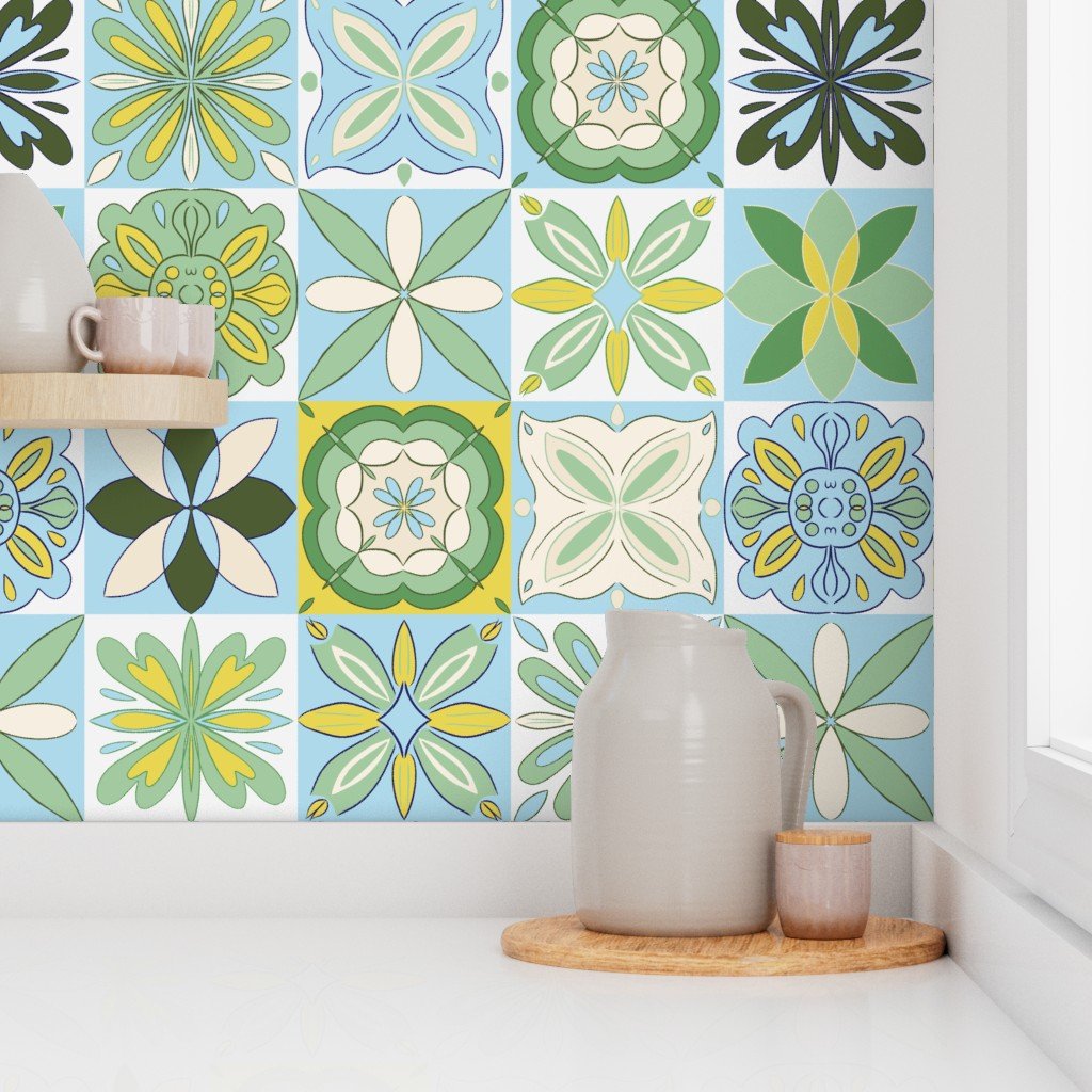 The last couple weeks I have been working on a Mediterranean inspired collection. Since I intended to publish these designs on @spoonflower I indulged in several color ways. Today, meet my Mediterranean Tiles pattern, available in Herb Green, Summer 