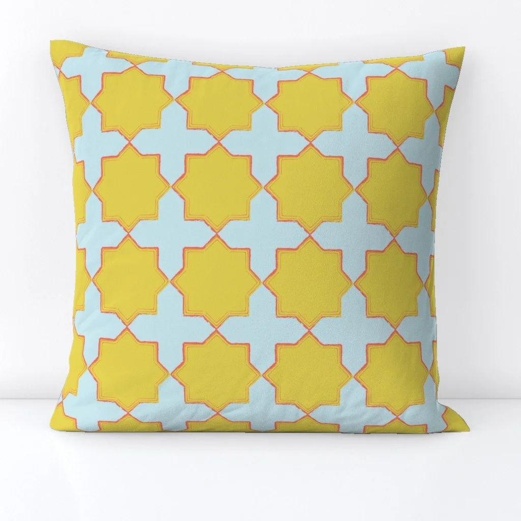 The next design in my Costa Del Sol Mediterranean Summer collection is the Alhambra Geo Pattern. Available in 6 color ways in wallpaper, fabric, and pre-sewn home goods on Spoonflower. I honestly can't decide which color is my favorite. I need more w