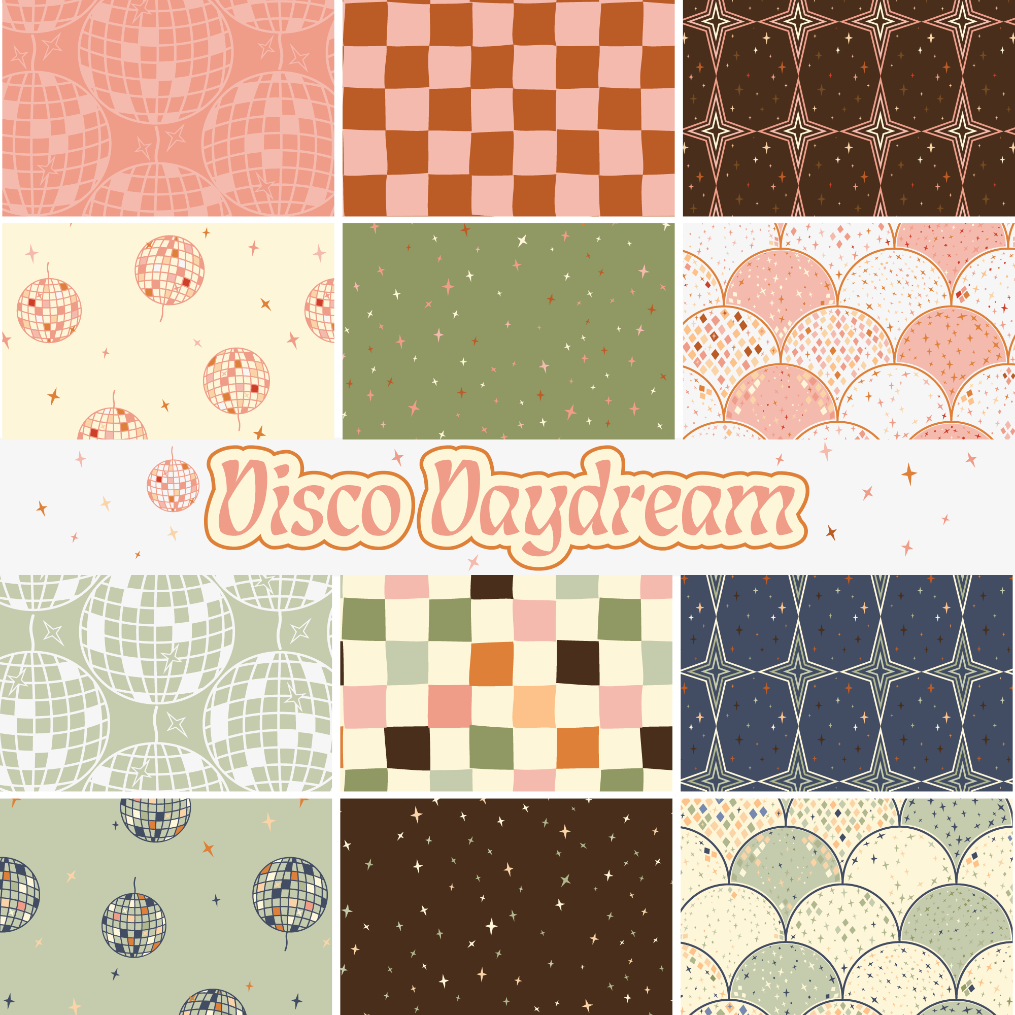 Collage of retro disco-themed patterns with disco balls, geometric shapes, stars, and sparkling backgrounds in pastel and dark colors, with the text 'Disco Daydream' in the center.