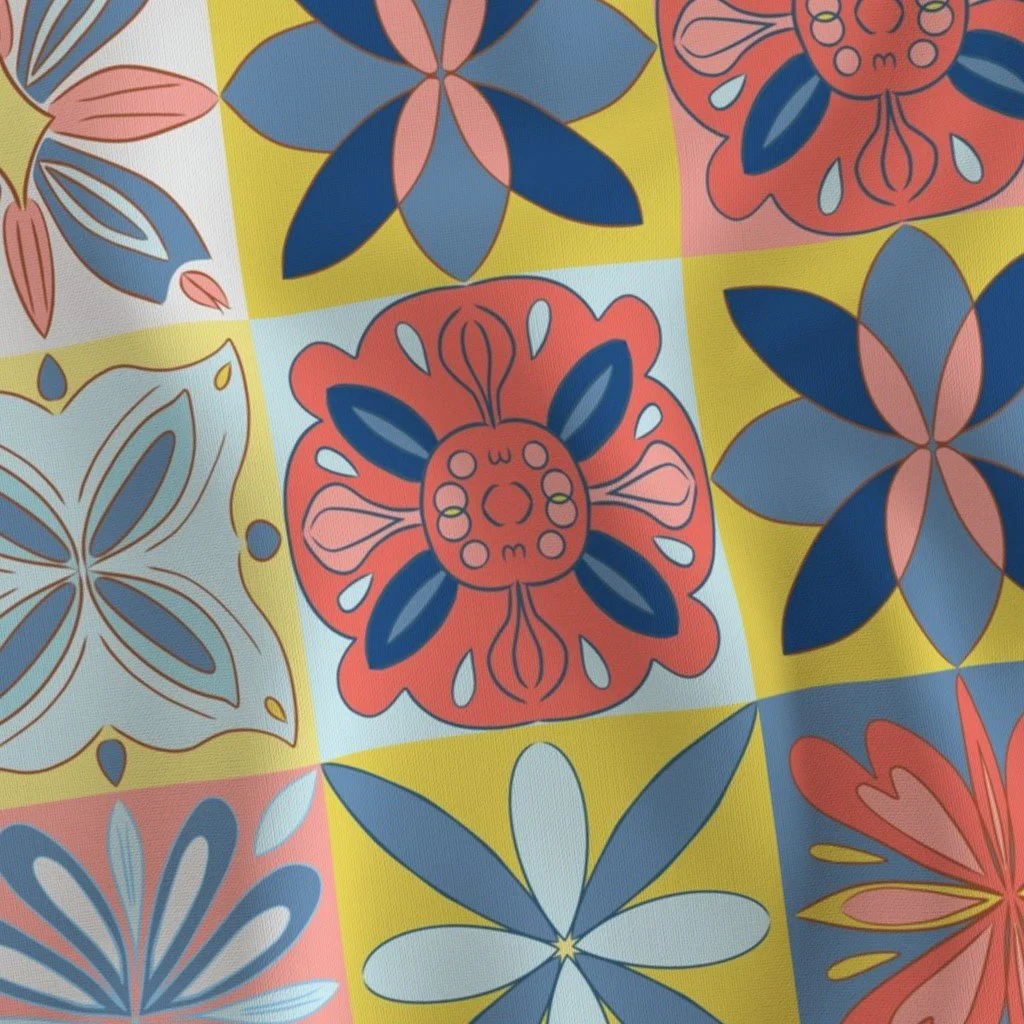 Fabric in bright colors styled in the manner of Spanish tiles