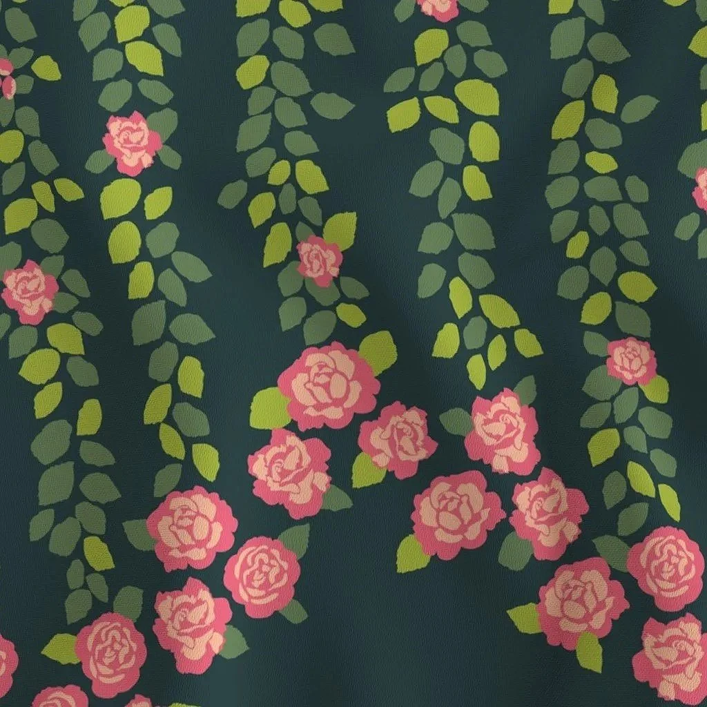 Cascade of Roses pattern with green leaves and pink roses