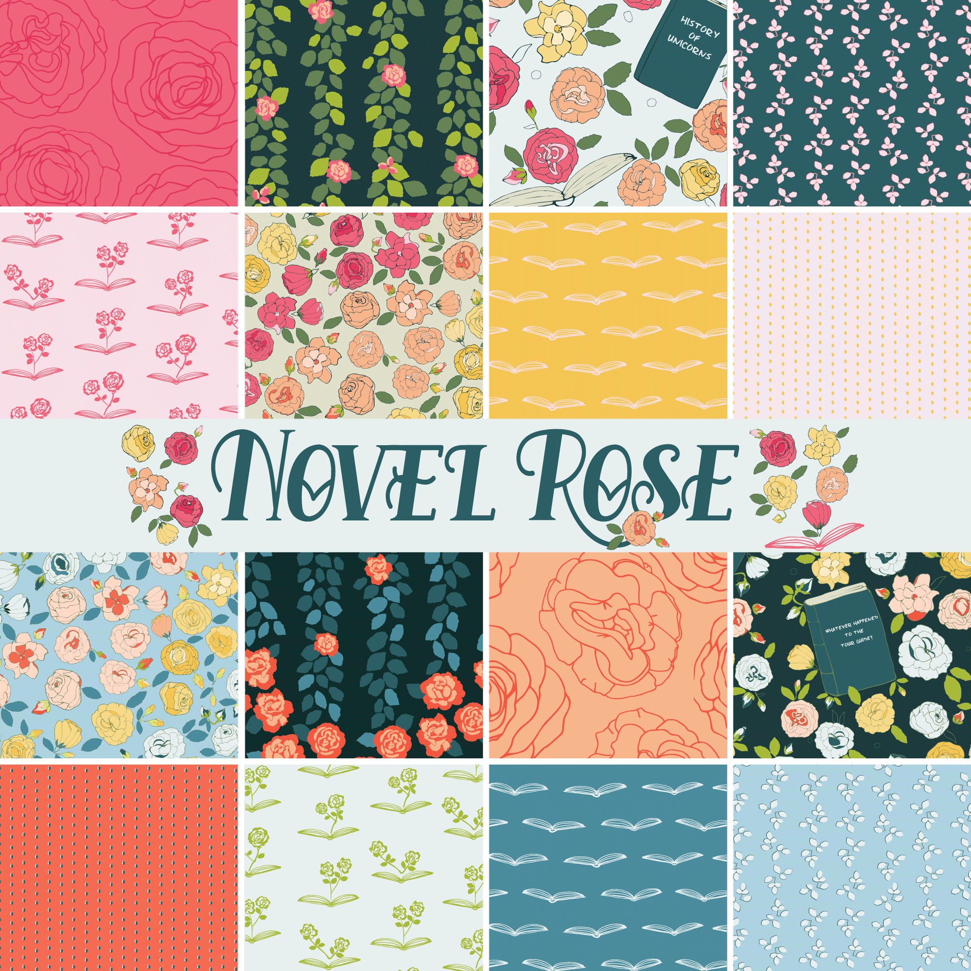 Collage of various floral and polka dot patterns with a central banner reading "Novel Rose" and illustrations of books with roses.