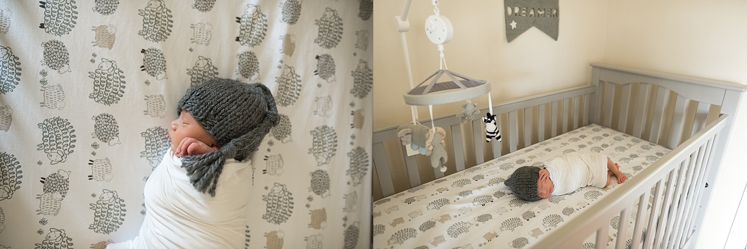  baby boys lays in a crib in his nursery 