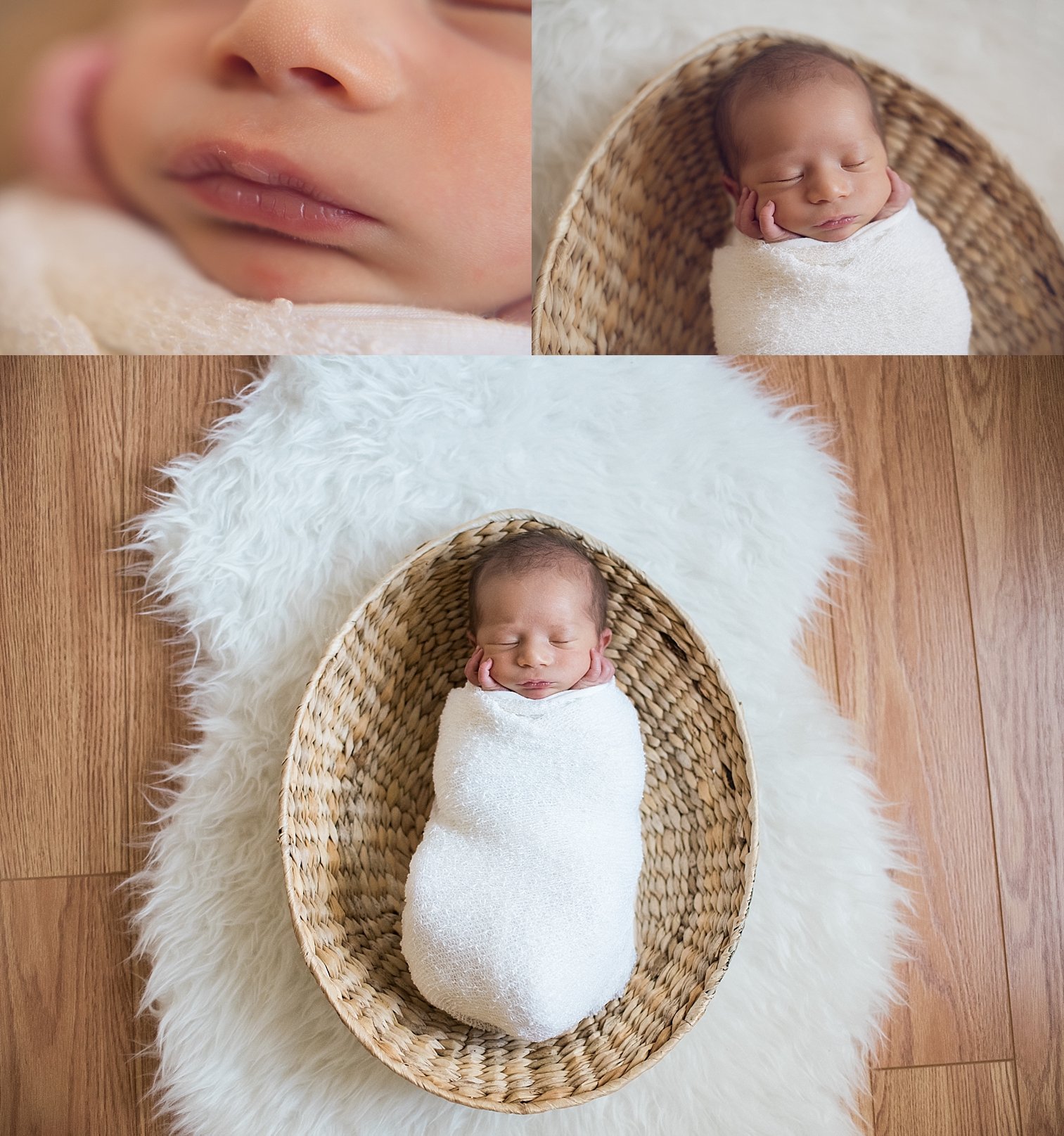  collage of a newborn baby boy in basket 