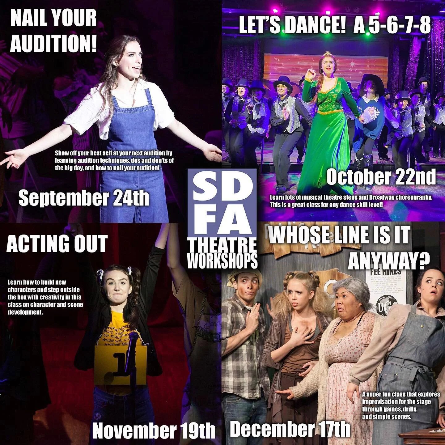 Who’s excited for the fall? ππΌ π We are excited to announce our awesome new SDFA Theatre Workshops taking place once each month on the 3rd or 4th Thursday starting 9/24!  Sign up today for All 4 (at a special rate) or pick and choose the one