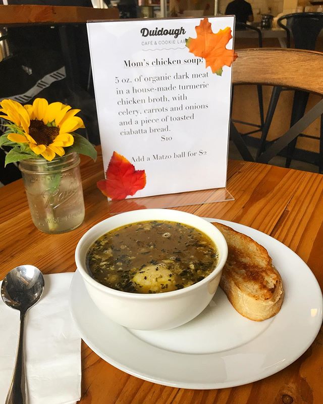 It&rsquo;s finally soup weather! Come try (my) Mom&rsquo;s chicken soup. It&rsquo;s a cure all. Even if the only thing that needs uplifting is your mood. A cookie wouldn&rsquo;t hurt, either. 🍪 🥣 #duidough