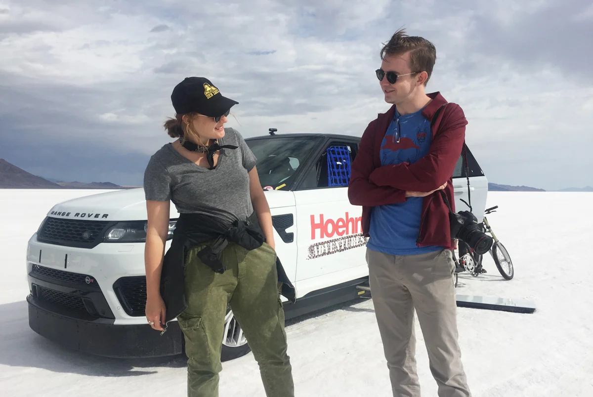 Scenic's Maya Tippett and Jarrard Cole on location for "The Fastest Ride" at the Bonneville Salt Flats.