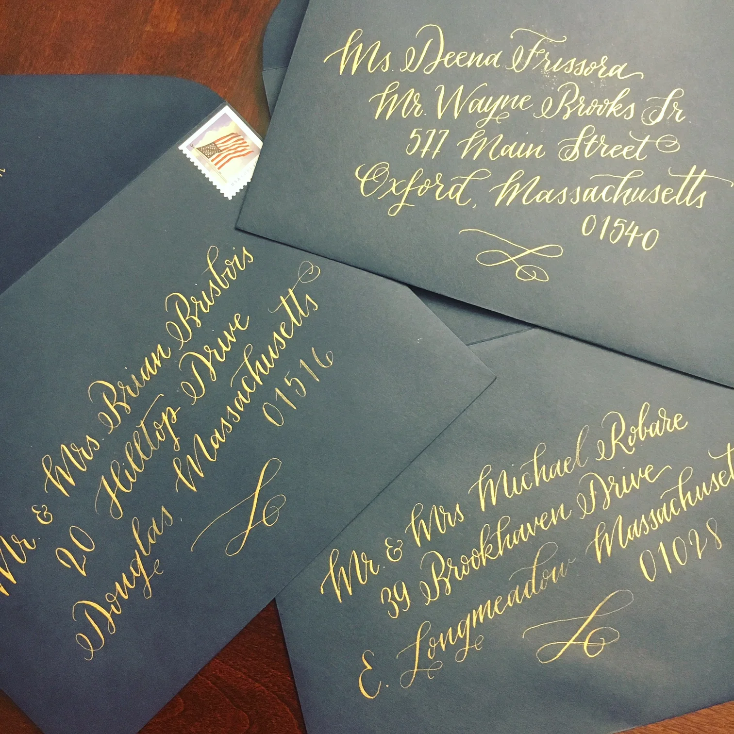 Gold Ink on Navy Envelopes
