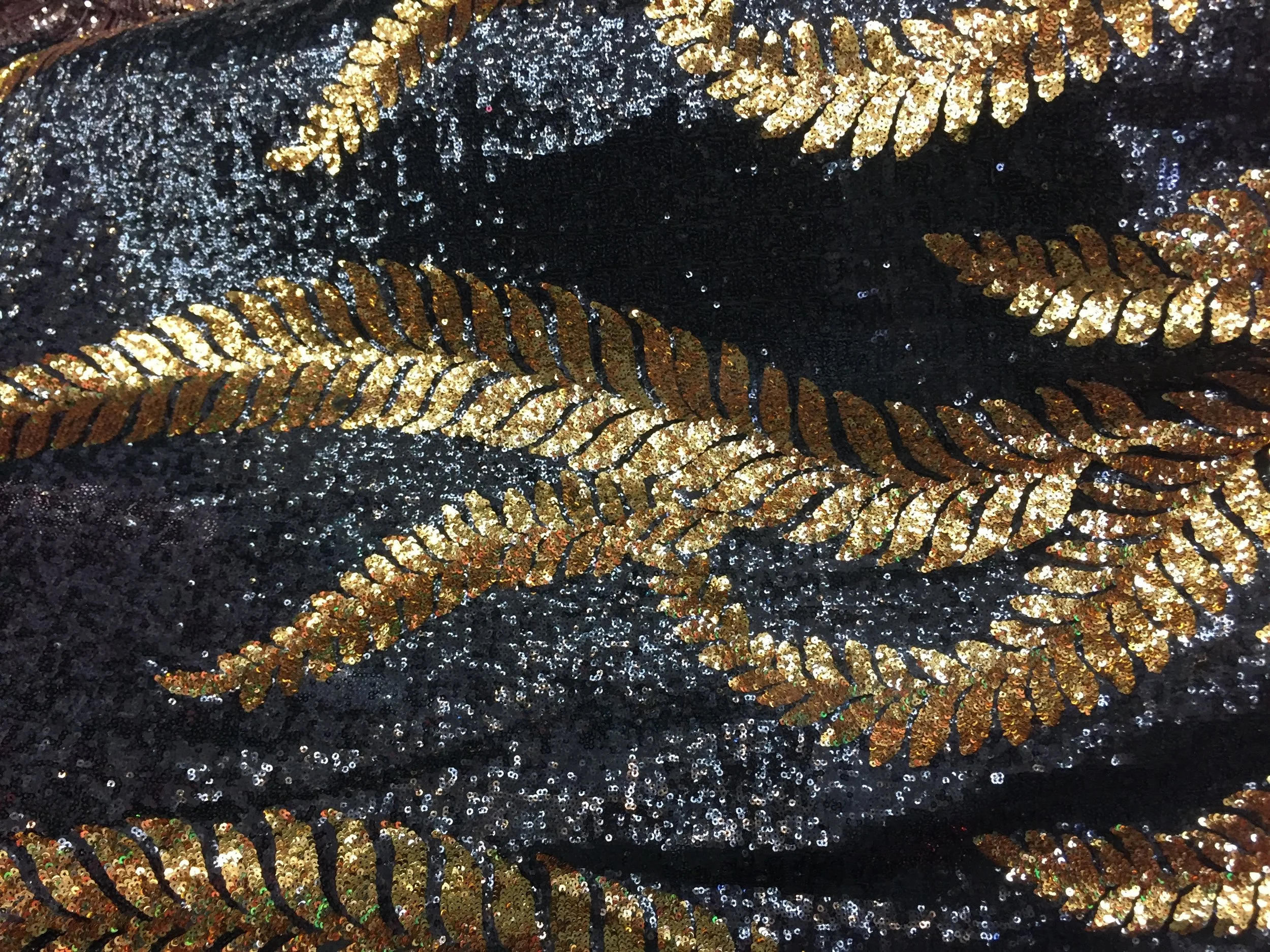 Black w/Gold Wings No-Stretch Sequin on Mesh 