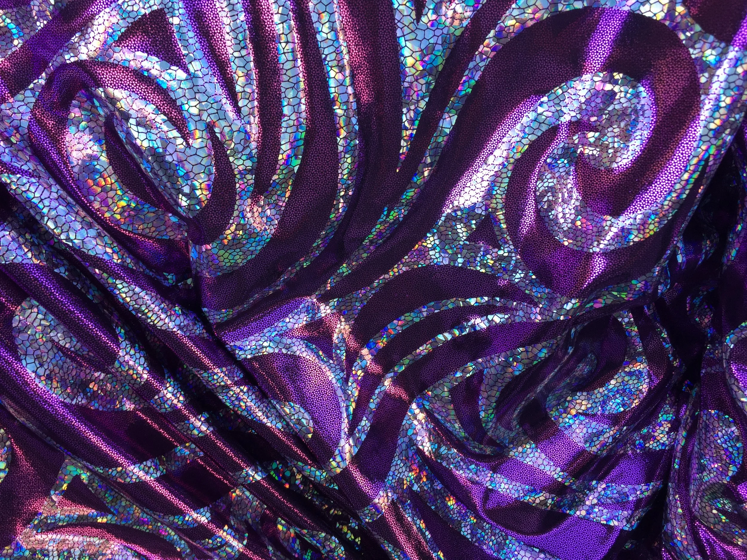 4-Way Stretch Exotic Purple/Silver Mystique Swirl on Spandex, 60" inch