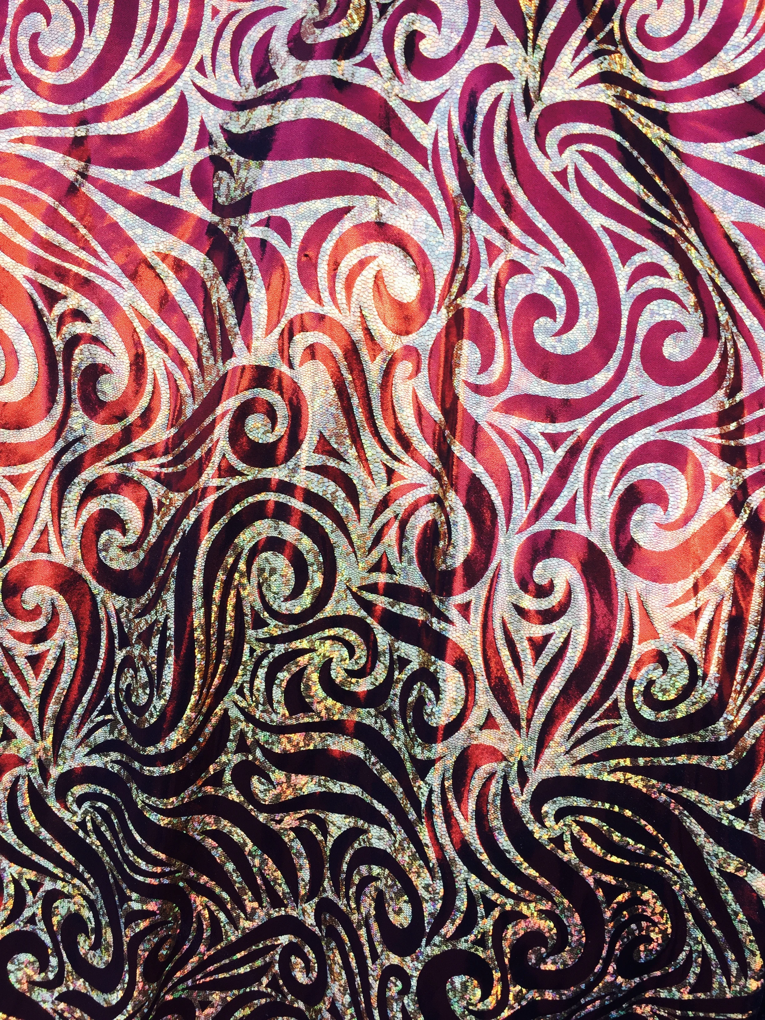 4-Way Stretch Exotic Gold/Red Mystique Swirl on Spandex, 60" inch