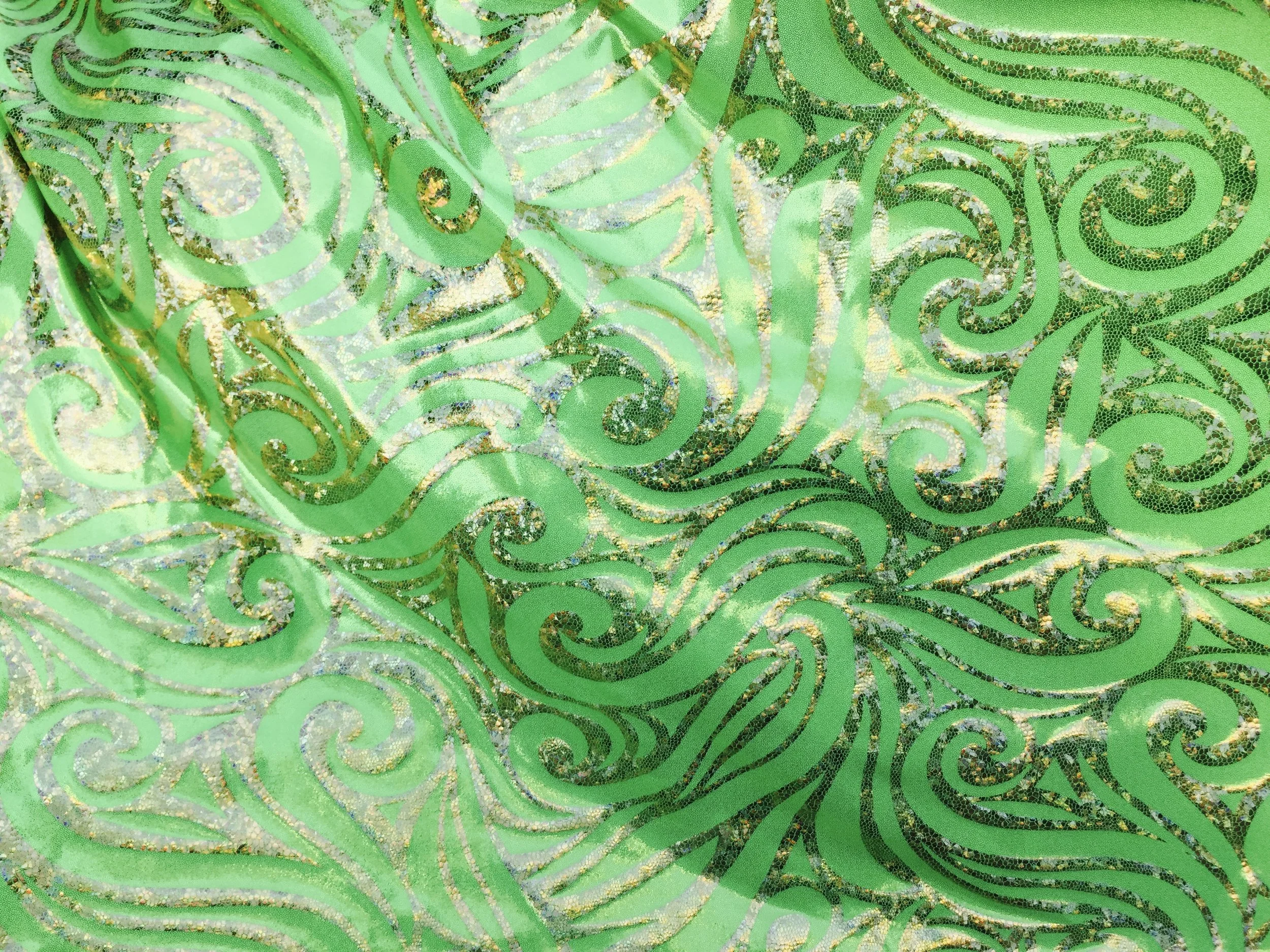 4-Way Stretch Exotic Green/Gold Mystique Swirl, 60" inch