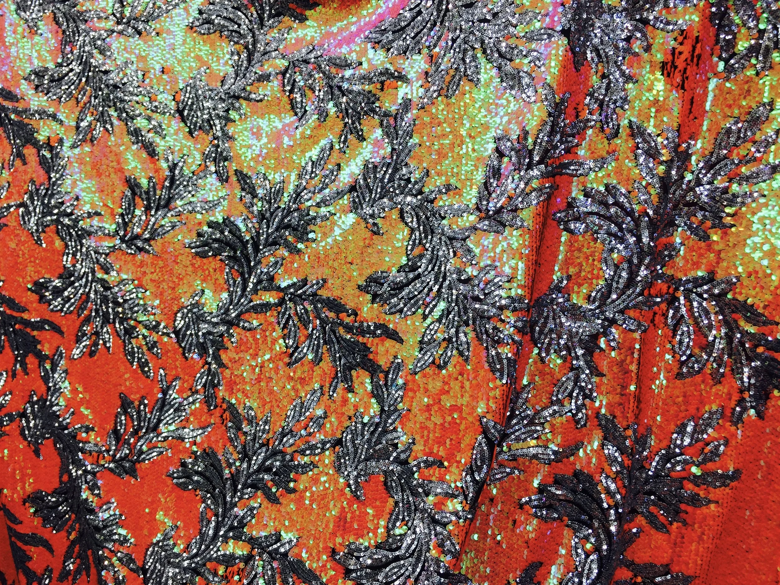 Orange Multi Floral Sequin Design on Mesh