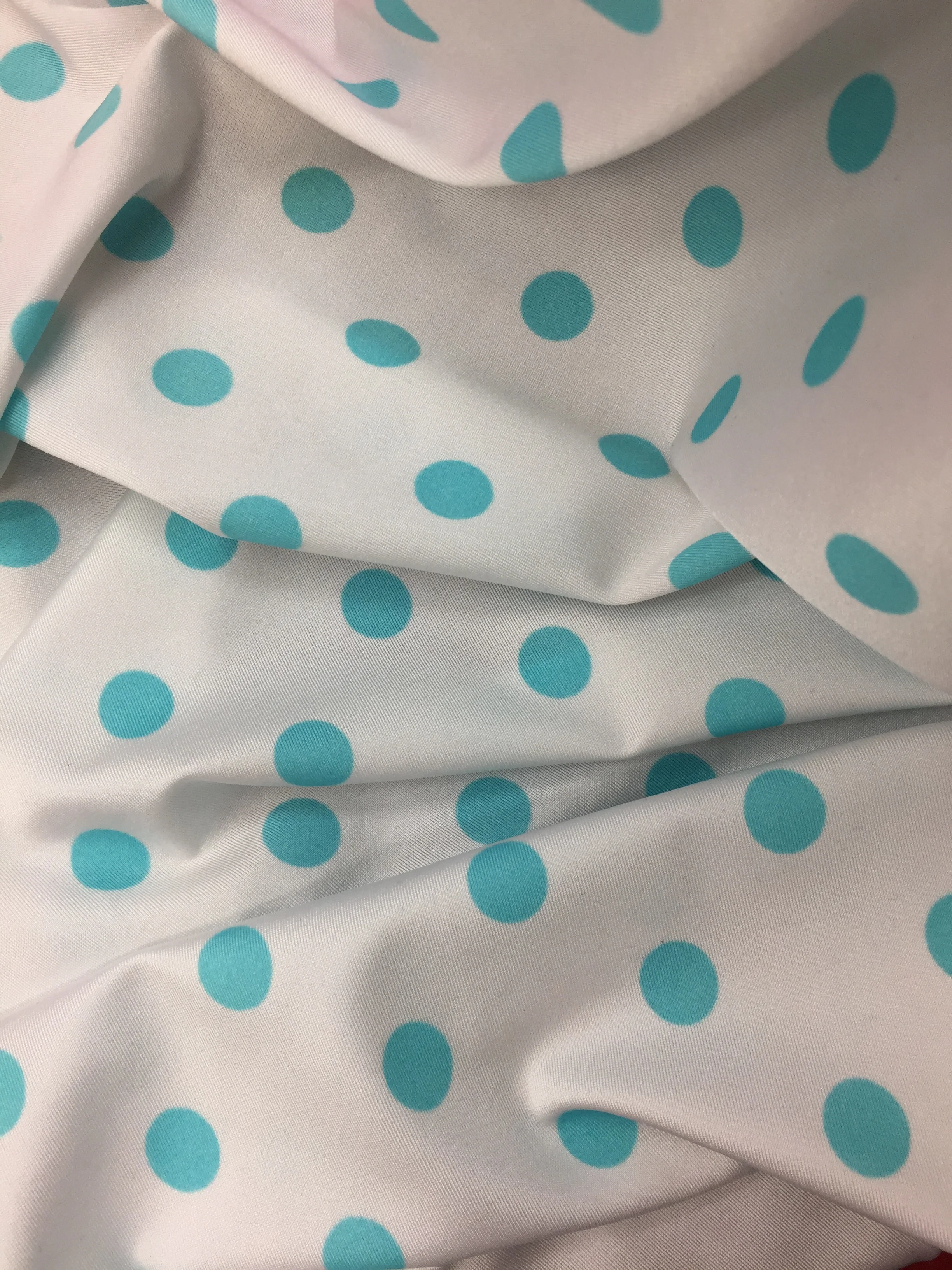 White w/Light Blue Polka Dots on Nylon Spandex, 60" inch, sold by the yard