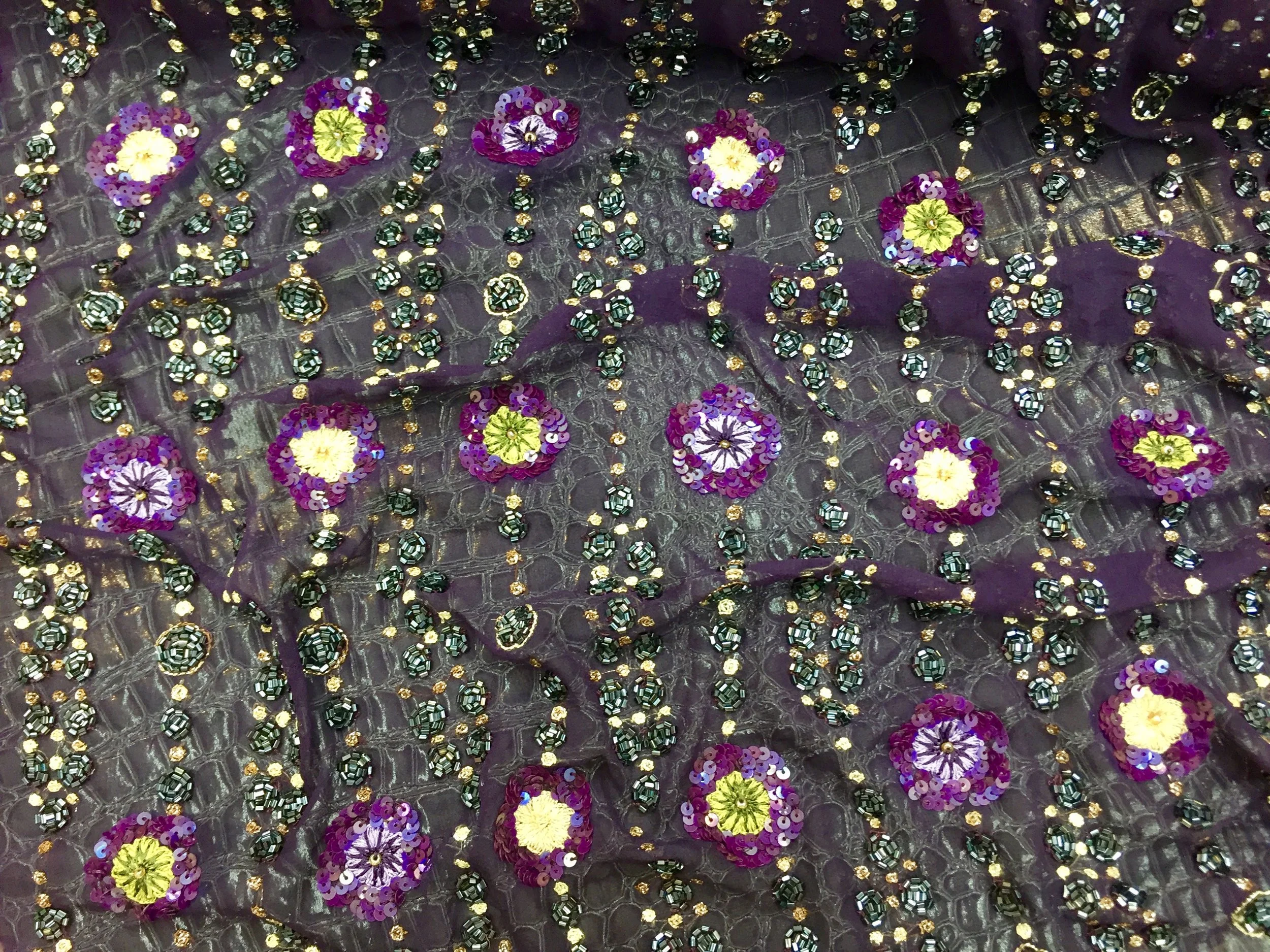 Handmade 100% Chiffon Silk, Royal Purple Beaded Floral Design, 60" inch, sold by the yard
