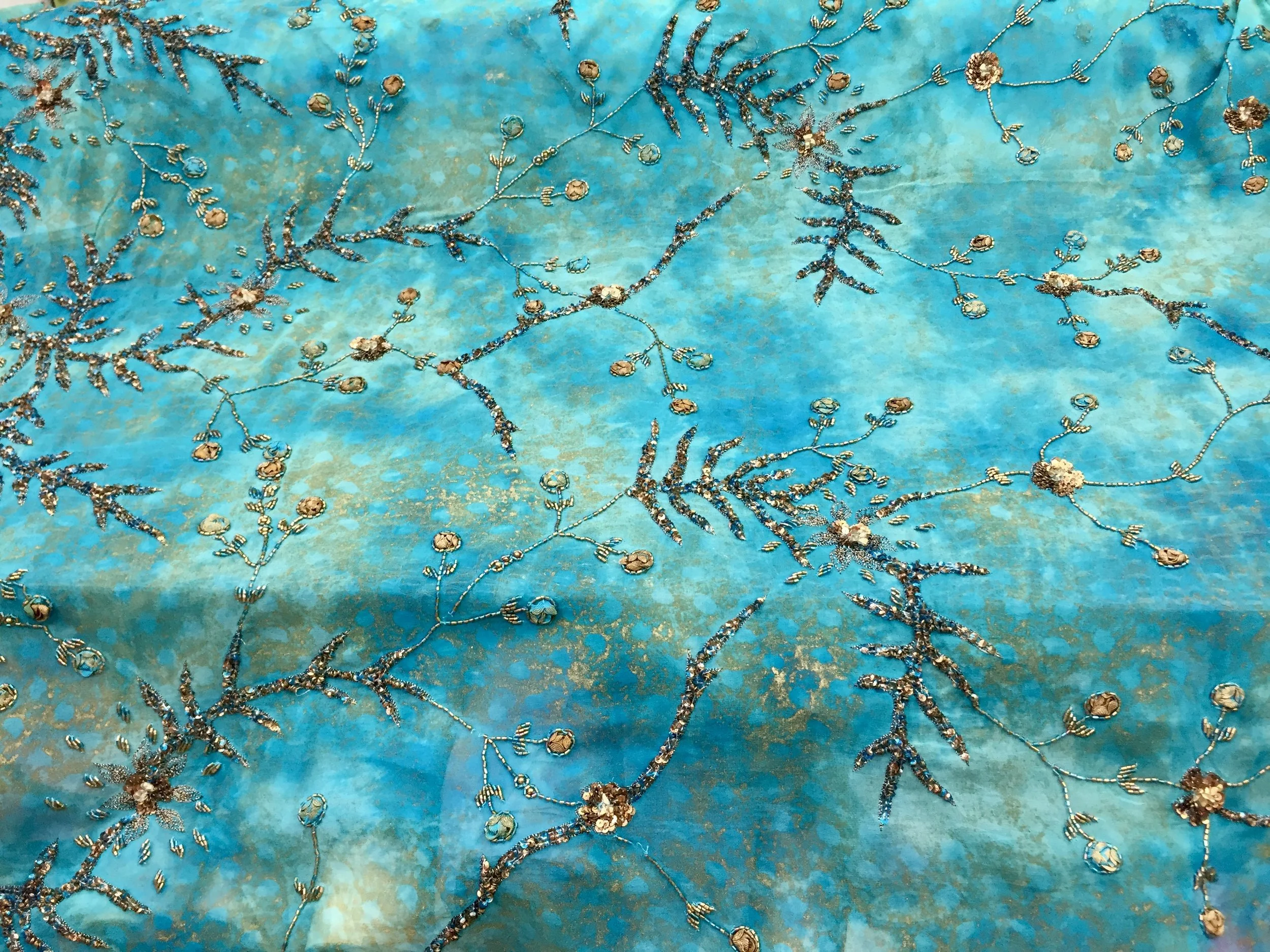 Handmade 100% Chiffon Silk, Deep Teal with Beaded Design, 60" inch, sold by the yard