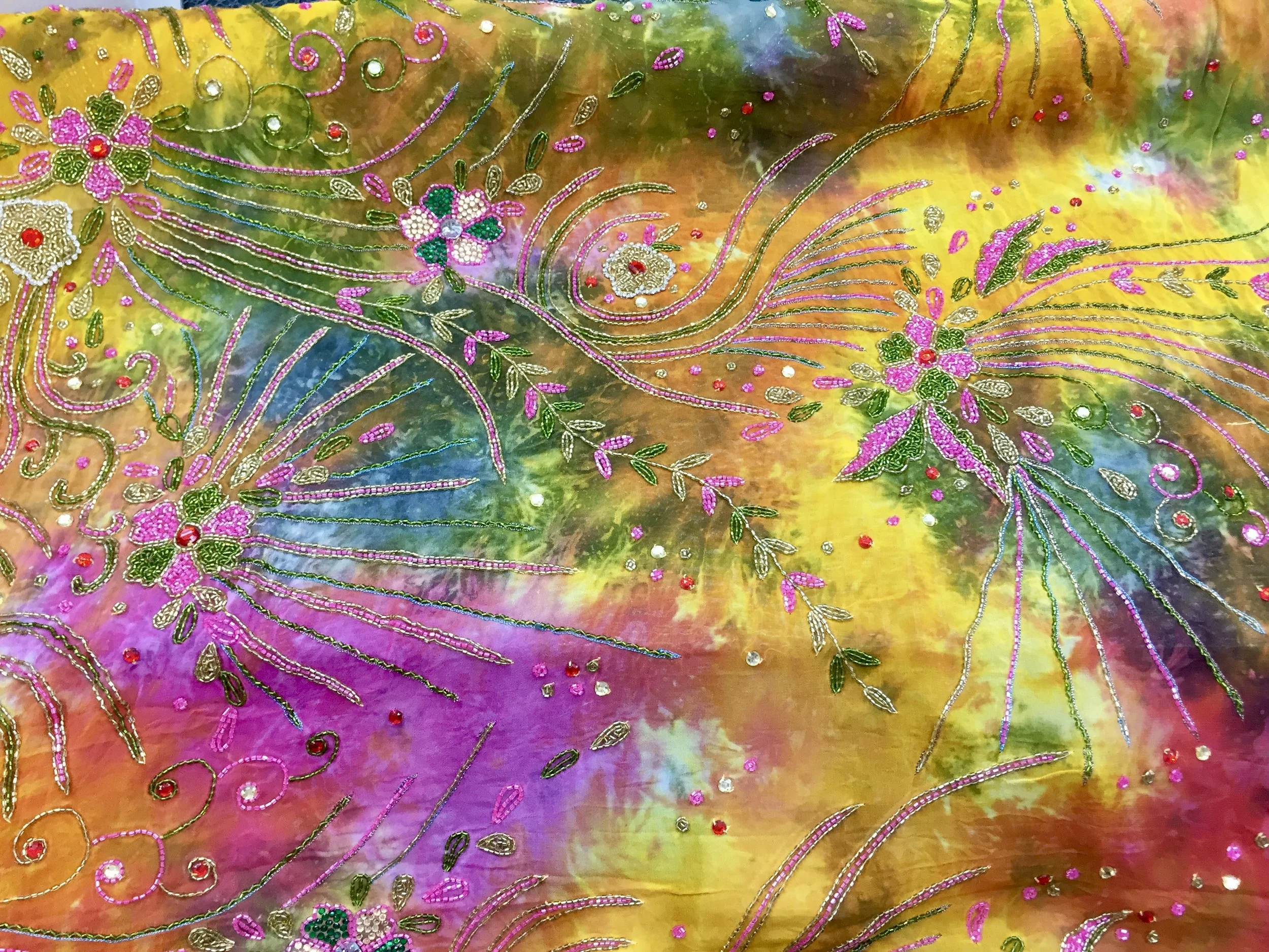 Handmade 100% Chiffon Silk, Bright Tie Dye with Beaded Design, 60" inch, sold by the yard
