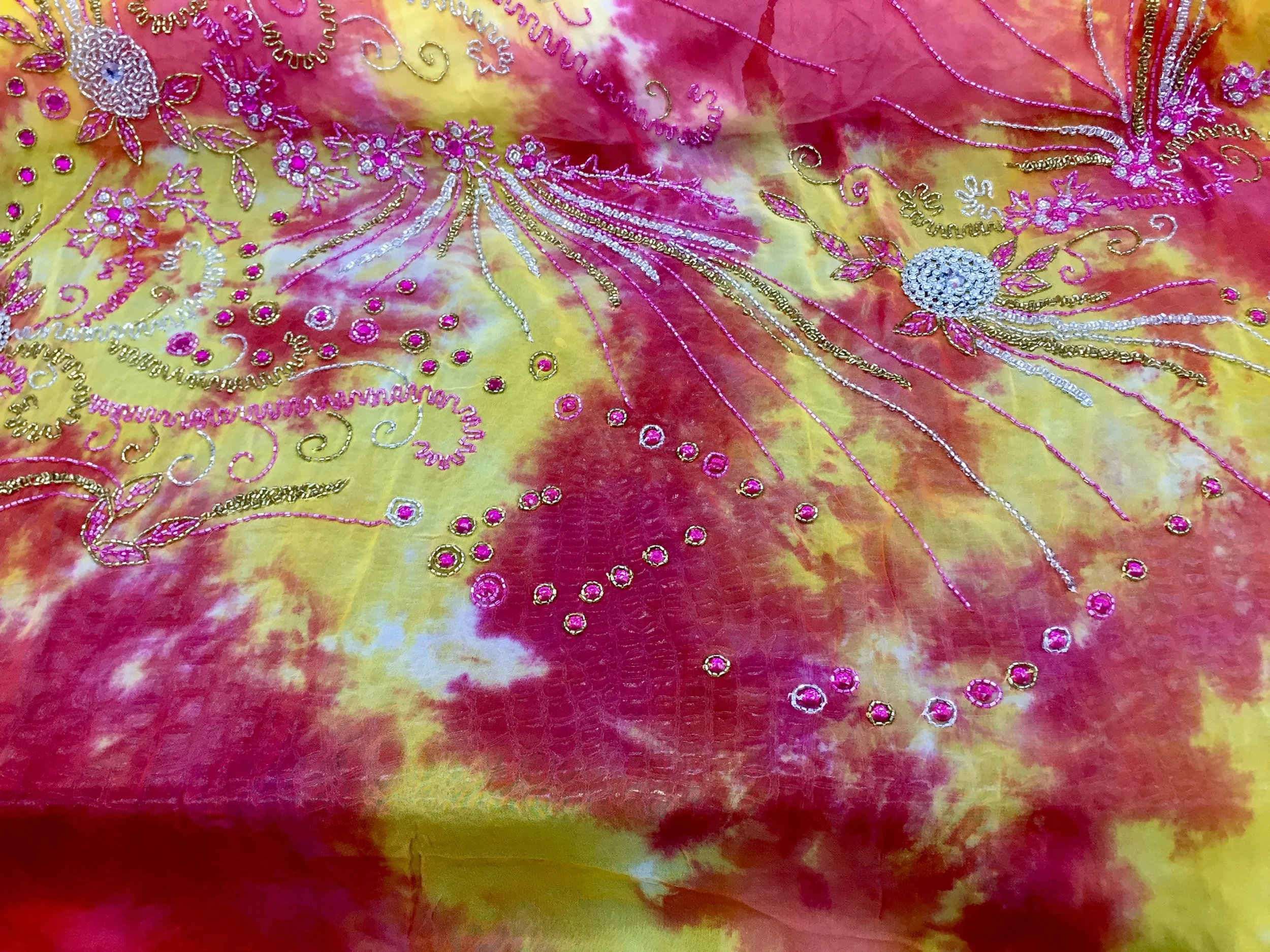Handmade 100% Chiffon Silk, Pink and Yellow Dye with Beaded Design, 60" inch, sold by the yard