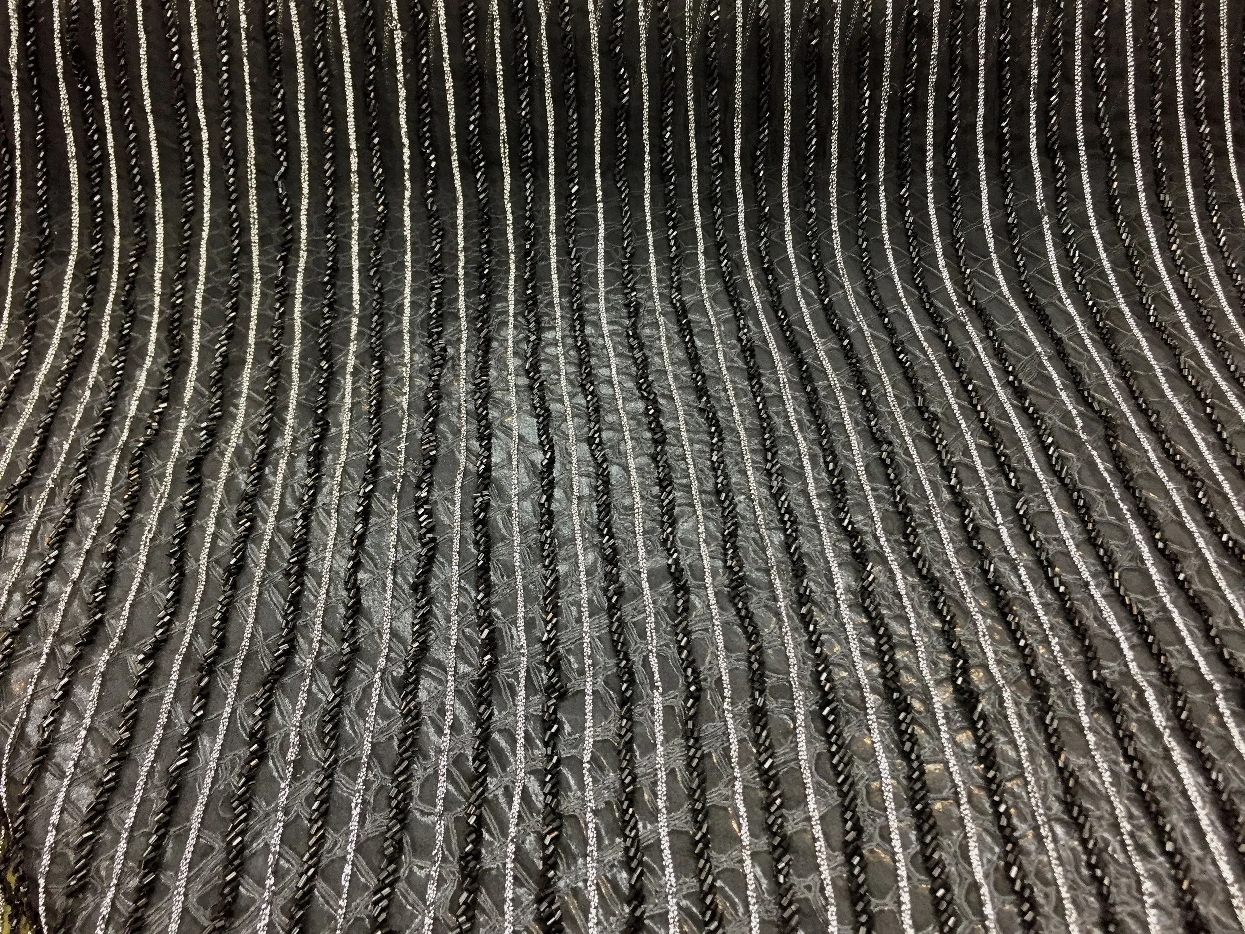 Handmade 100% Chiffon Silk, Black with Parallel Beaded Design, 60" inch, sold by the yard