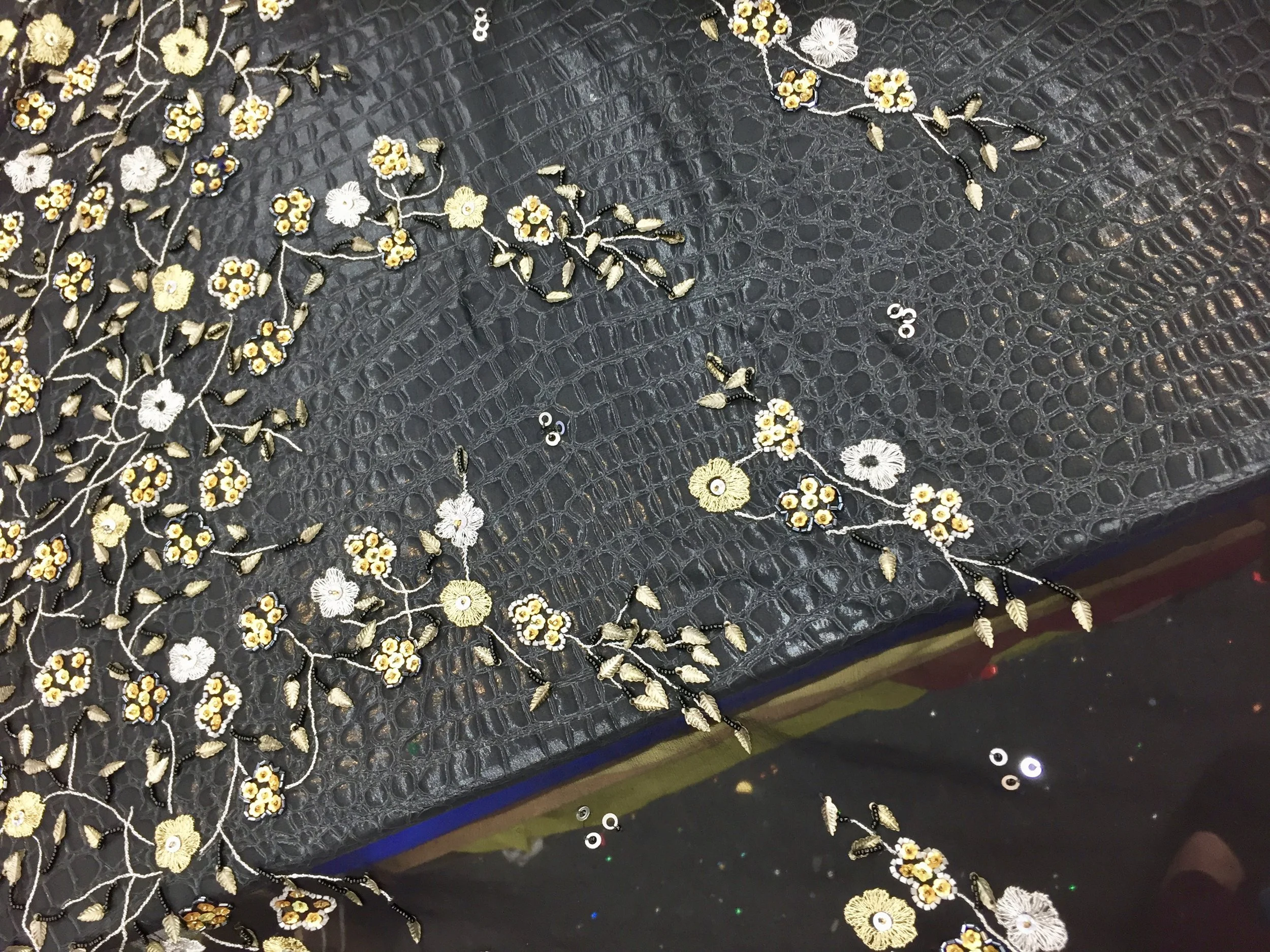 Handmade 100% Chiffon Silk, Black with Floating Floral Beaded Design, 60" inch, sold by the yard