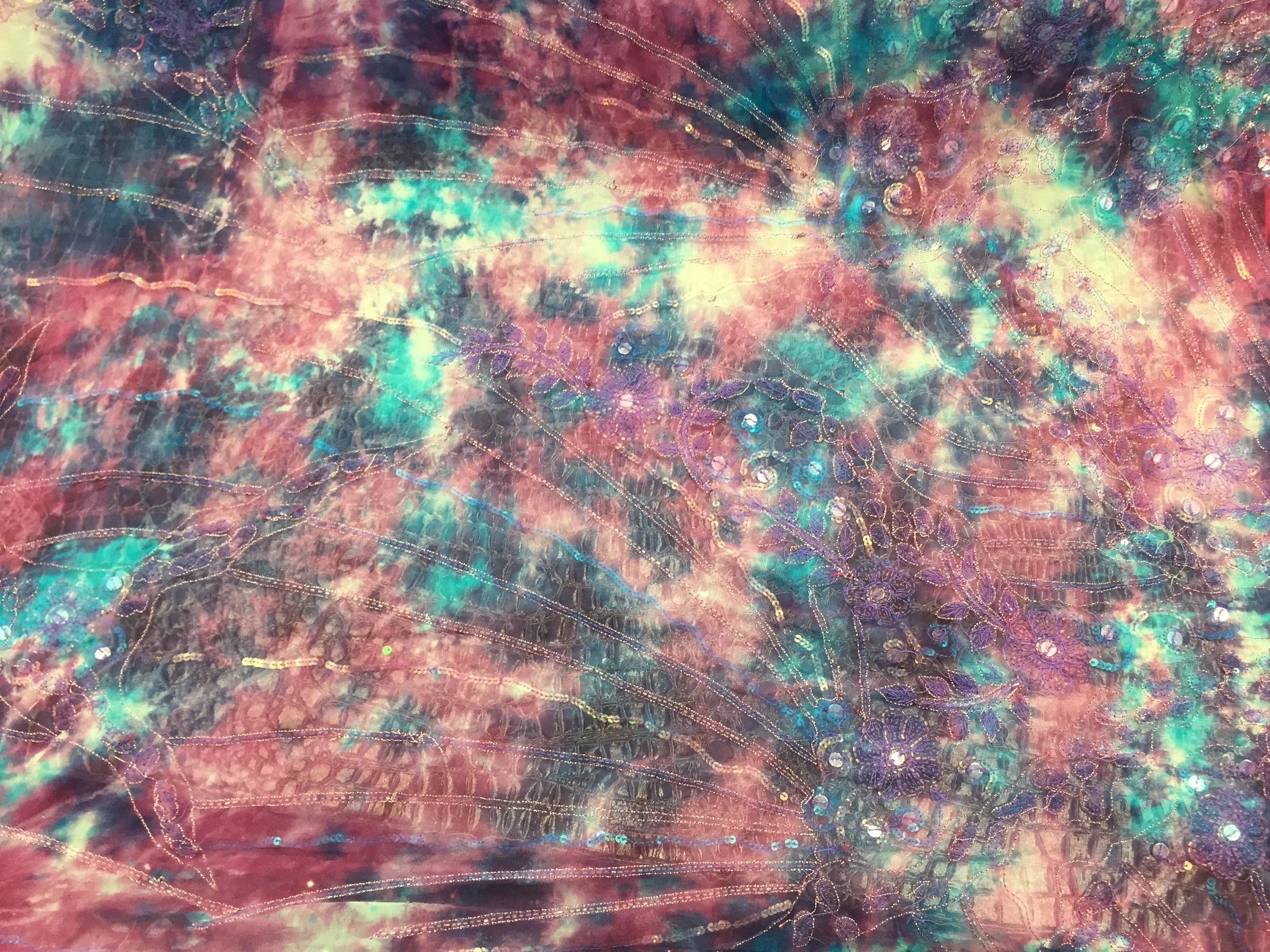 Handmade 100% Chiffon Silk, Cool Tie Dye with Beaded Design, 60" inch, sold by the yard