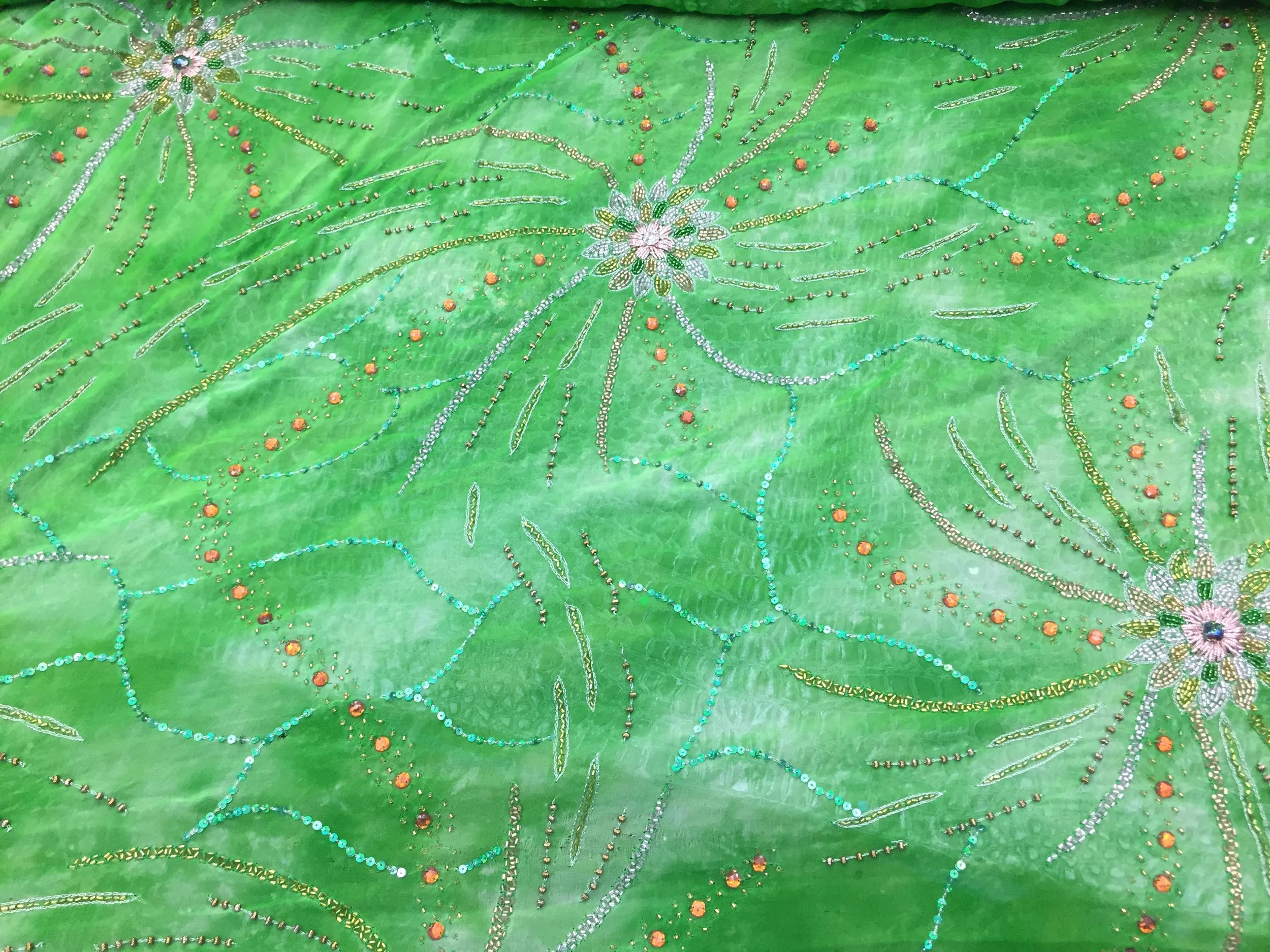 Handmade 100% Chiffon Silk, Neon Green with Beaded Design, 60" inch, sold by the yard