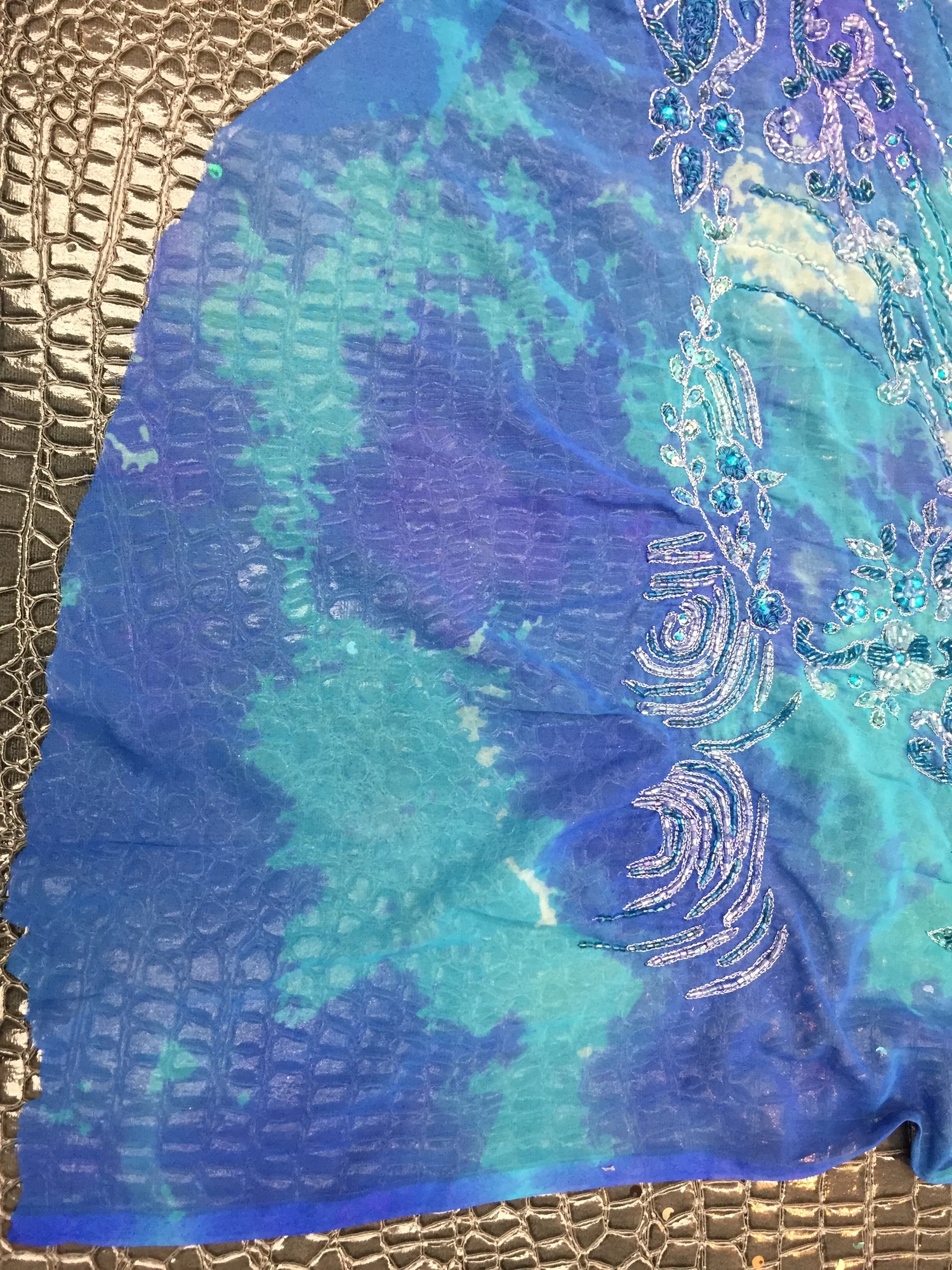 Handmade 100% Chiffon Silk, Ocean Blue Dye with Beaded Design, 60