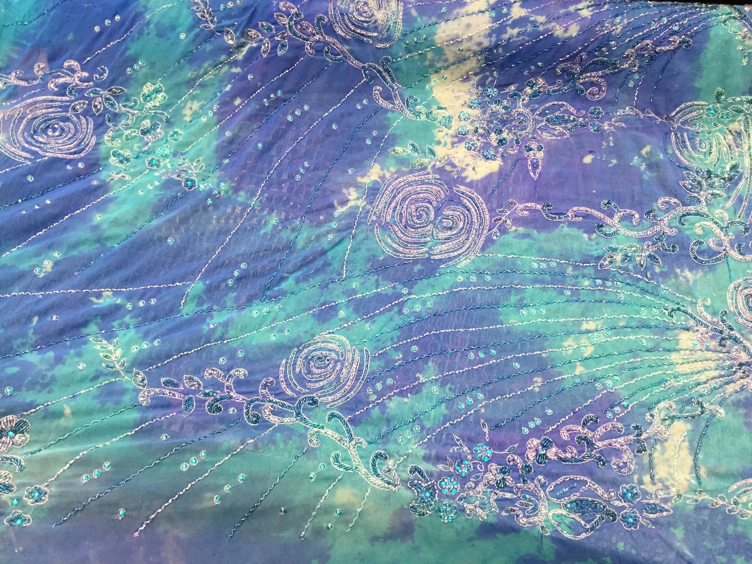 Handmade 100% Chiffon Silk, Ocean Blue Dye with Beaded Design, 60" inch, sold by the yard