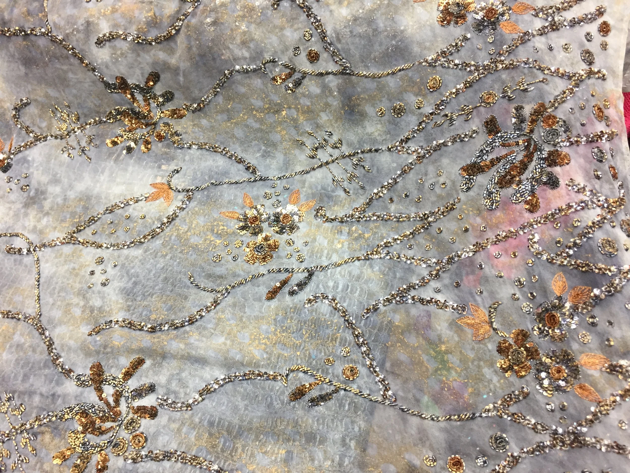 Handmade 100% Chiffon Silk, Silver Love with Beaded Design, 60" inch, sold by the yard