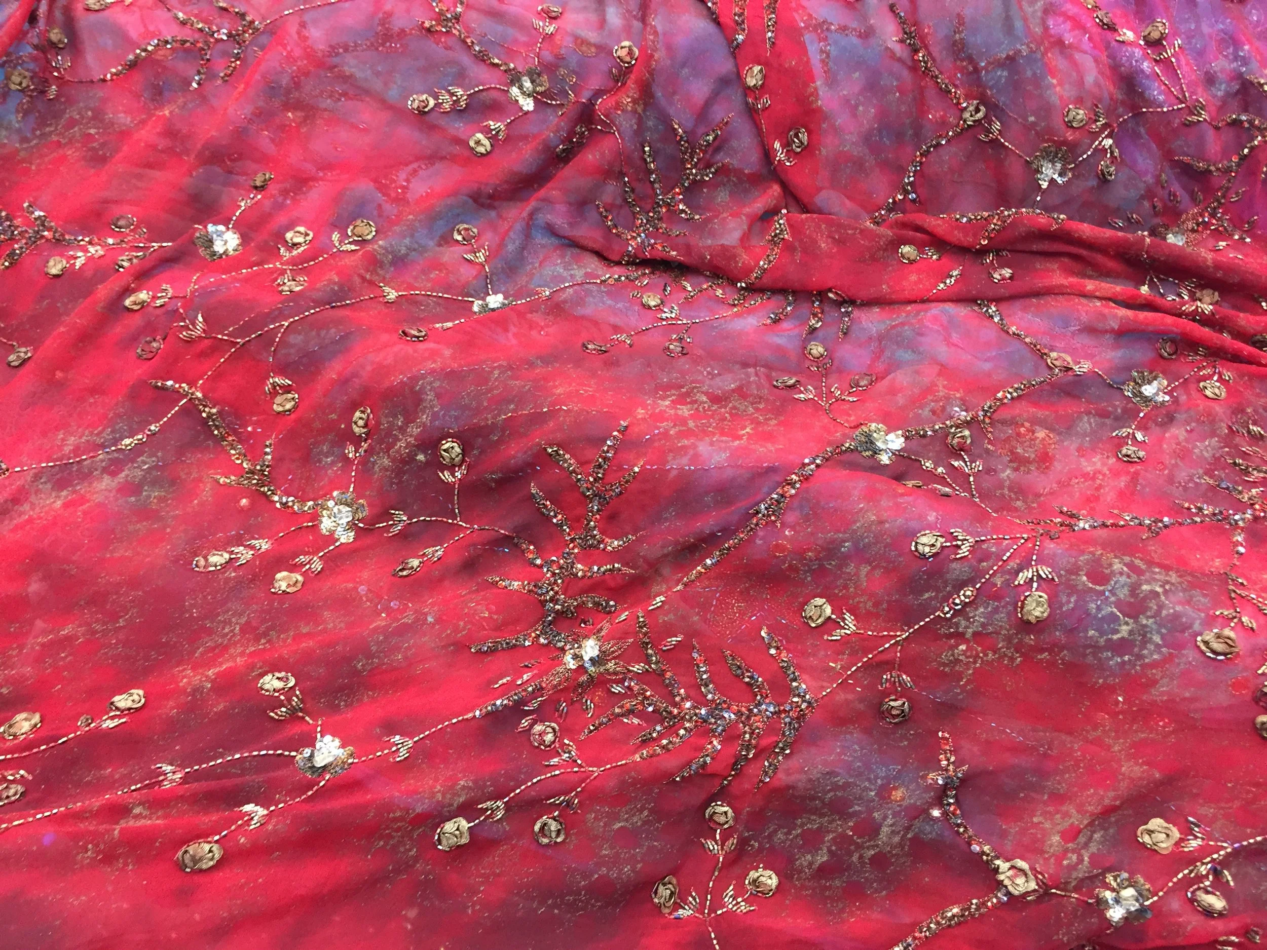 Handmade 100% Chiffon Silk, Deep Red with Beaded Design, 60" inch, sold by the yard