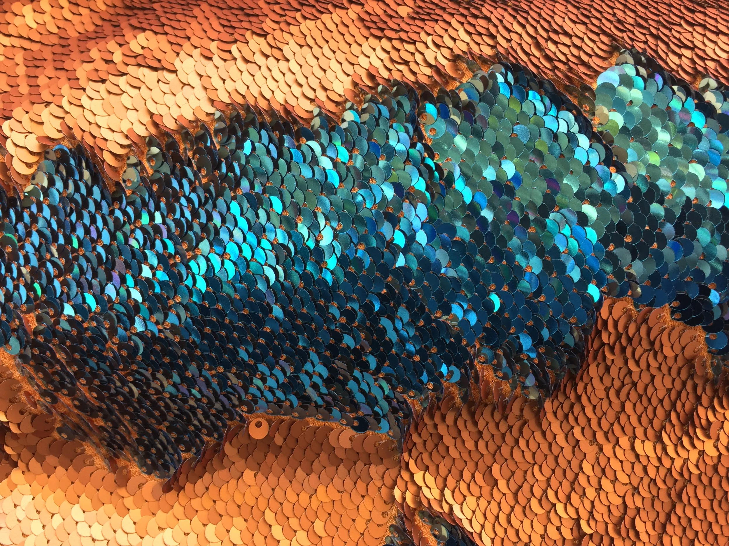 Teal/Orange 5mm Flip-Up Shiny Sequin on Spandex, 54" inch, sold by the yard