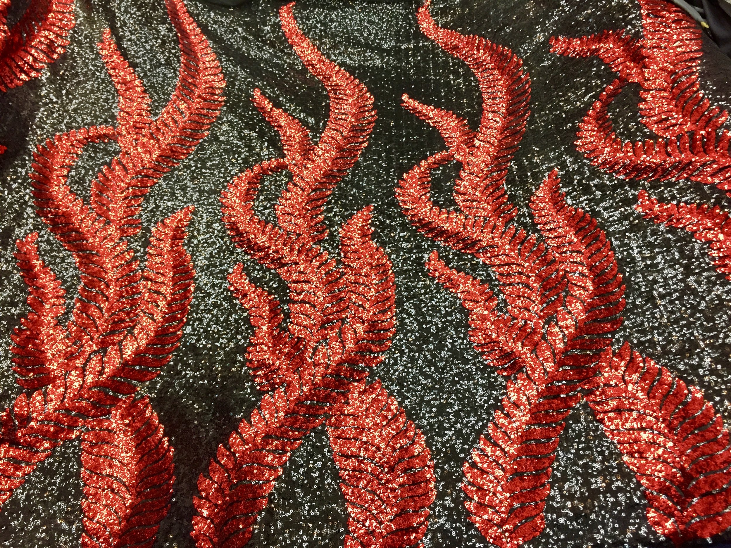 ***NEW*** Fire Red Leaves Sequin on Mesh, 2 way stretch, 54" inch, sold by the yard — Mikey's