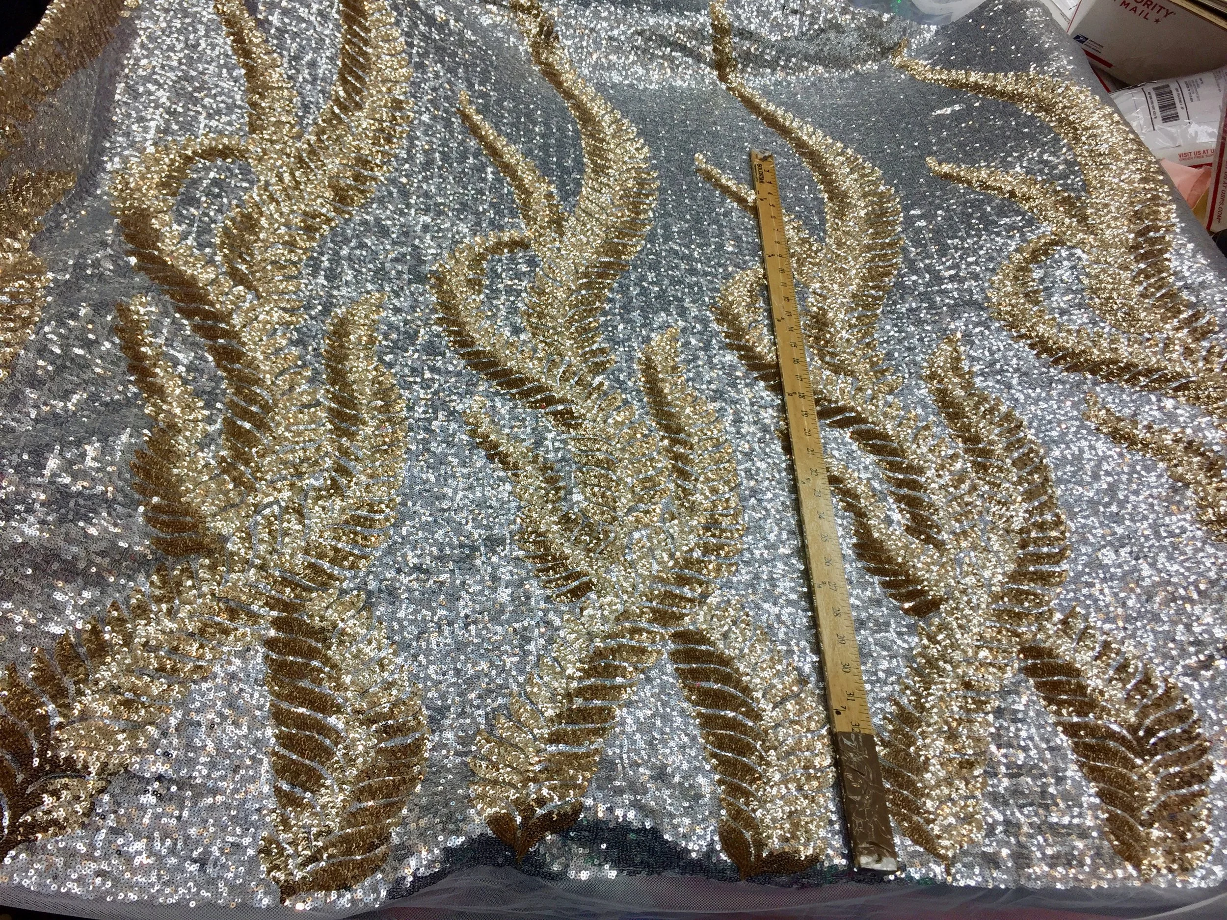***NEW*** Golden Leaves Sequin Medley on Mesh, 2 way stretch, 54" inch, sold by the yard