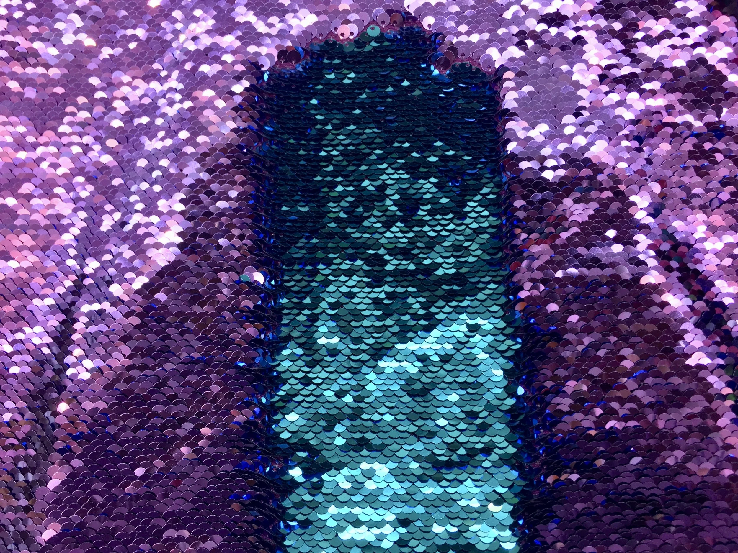 Purple/Turquoise Shiny 5mm Flip Up Sequin on Spandex, 54" inch, sold by the yard